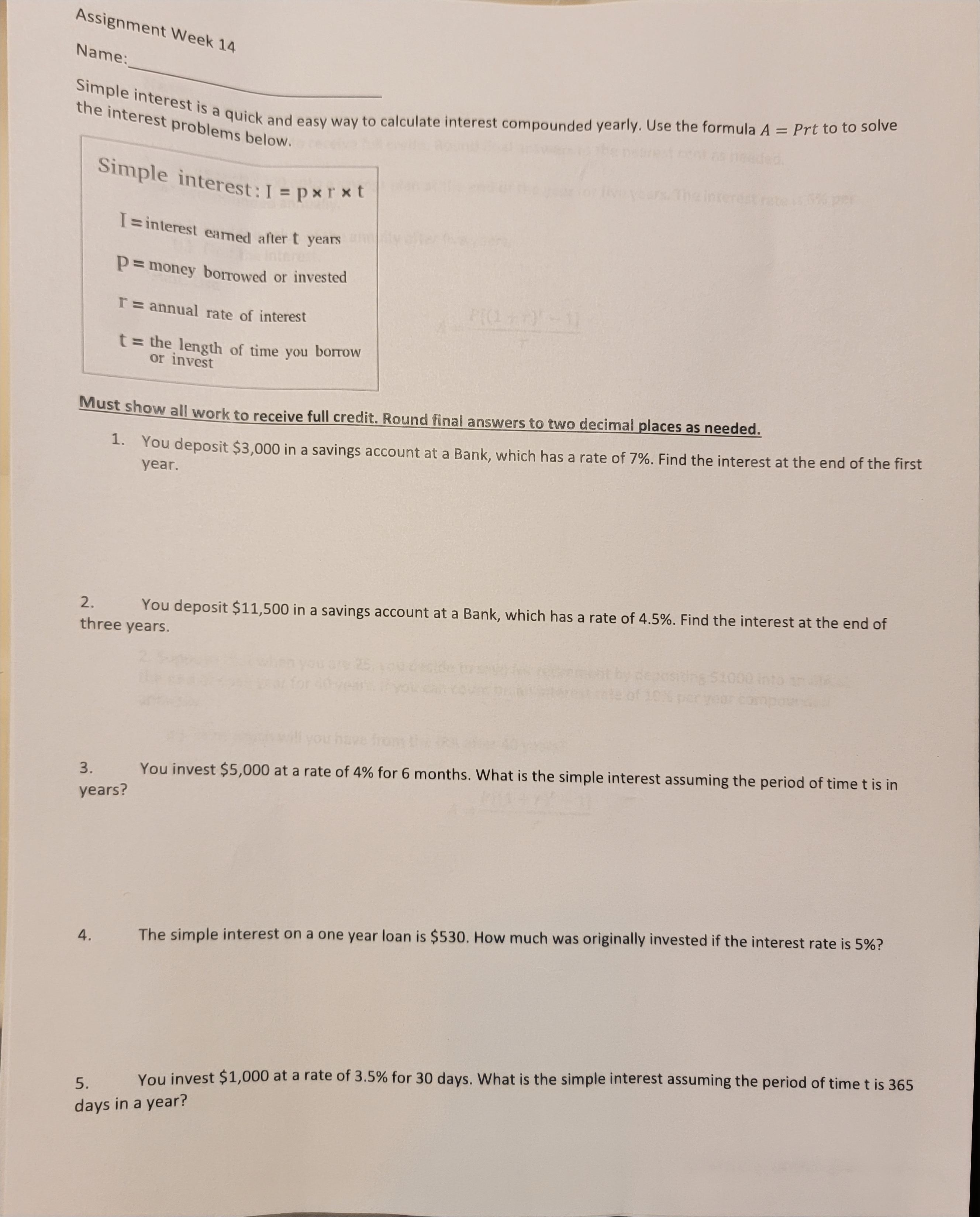 Name: Must Show all work to receive full credit.