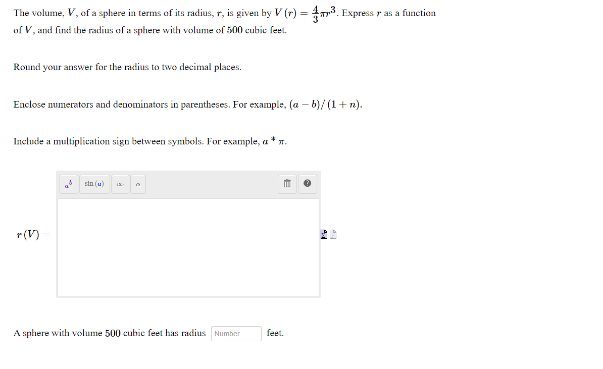 The volume, V, of a sphere in terms of its
