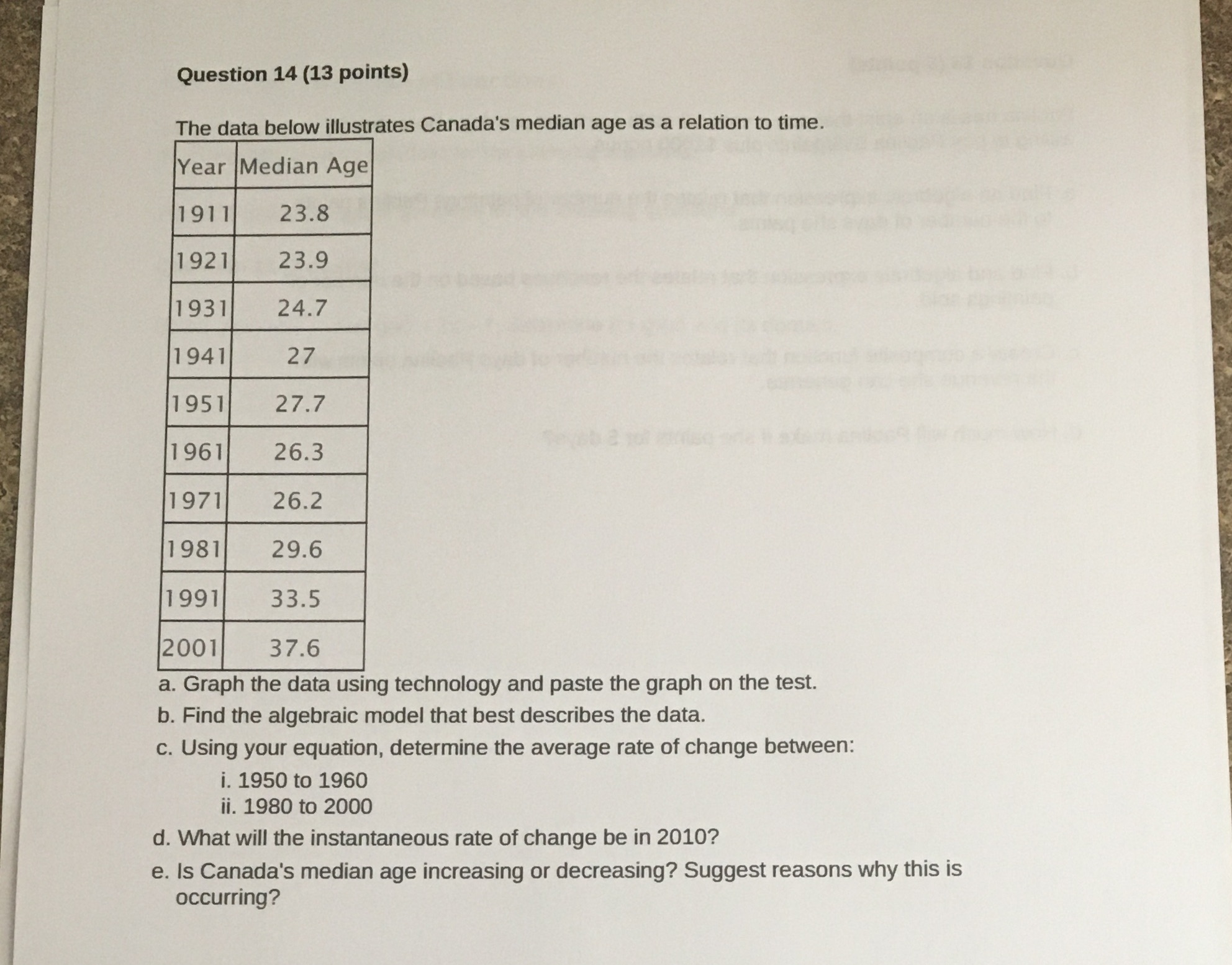 Question 14 (13 points) The data below