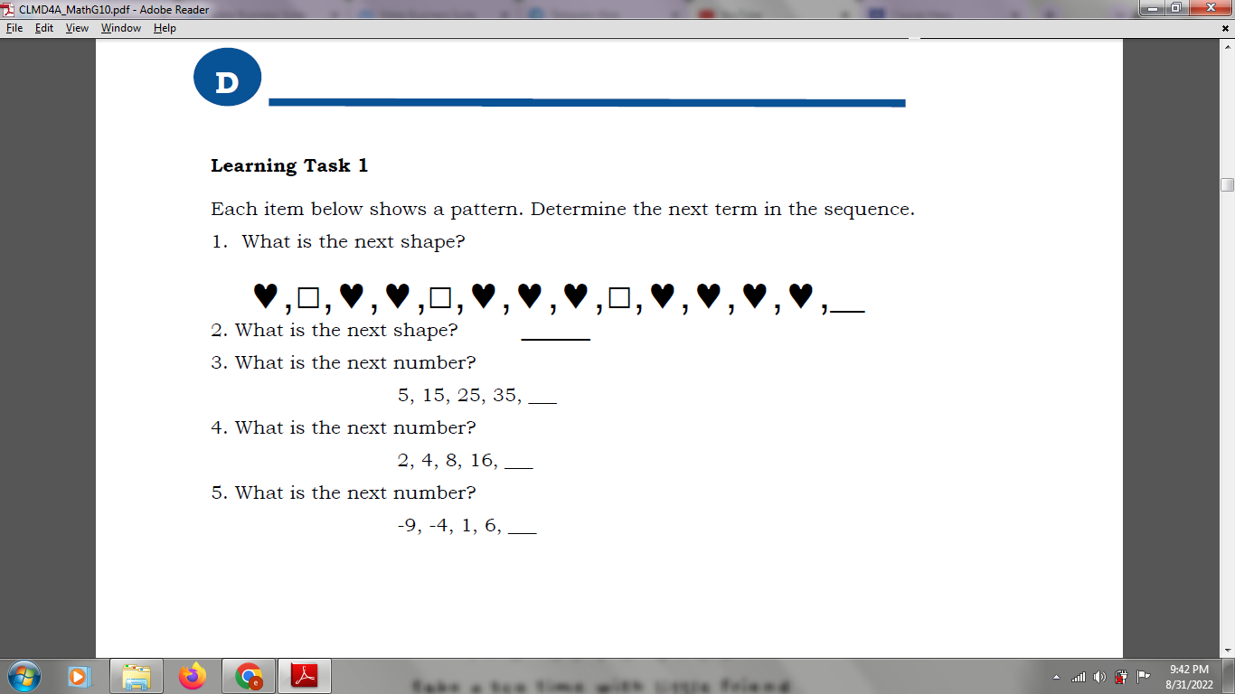 Learning Task 1 Each item below shows a pattern.