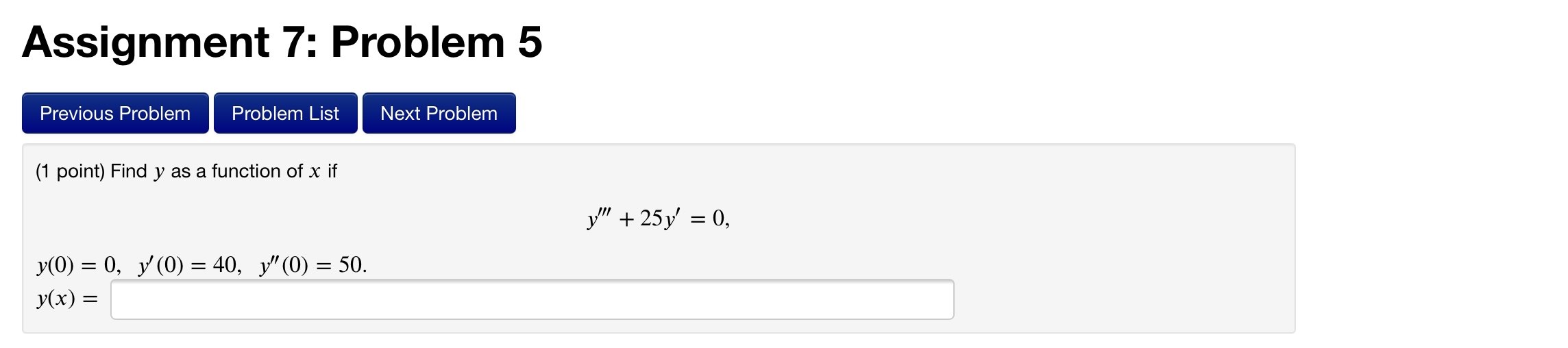 Assignment 7: Problem 5 Previous Problem Problem