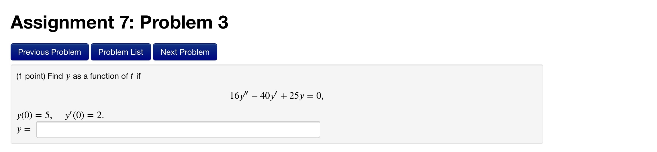 Assignment 7: Problem 5 Previous Problem Problem