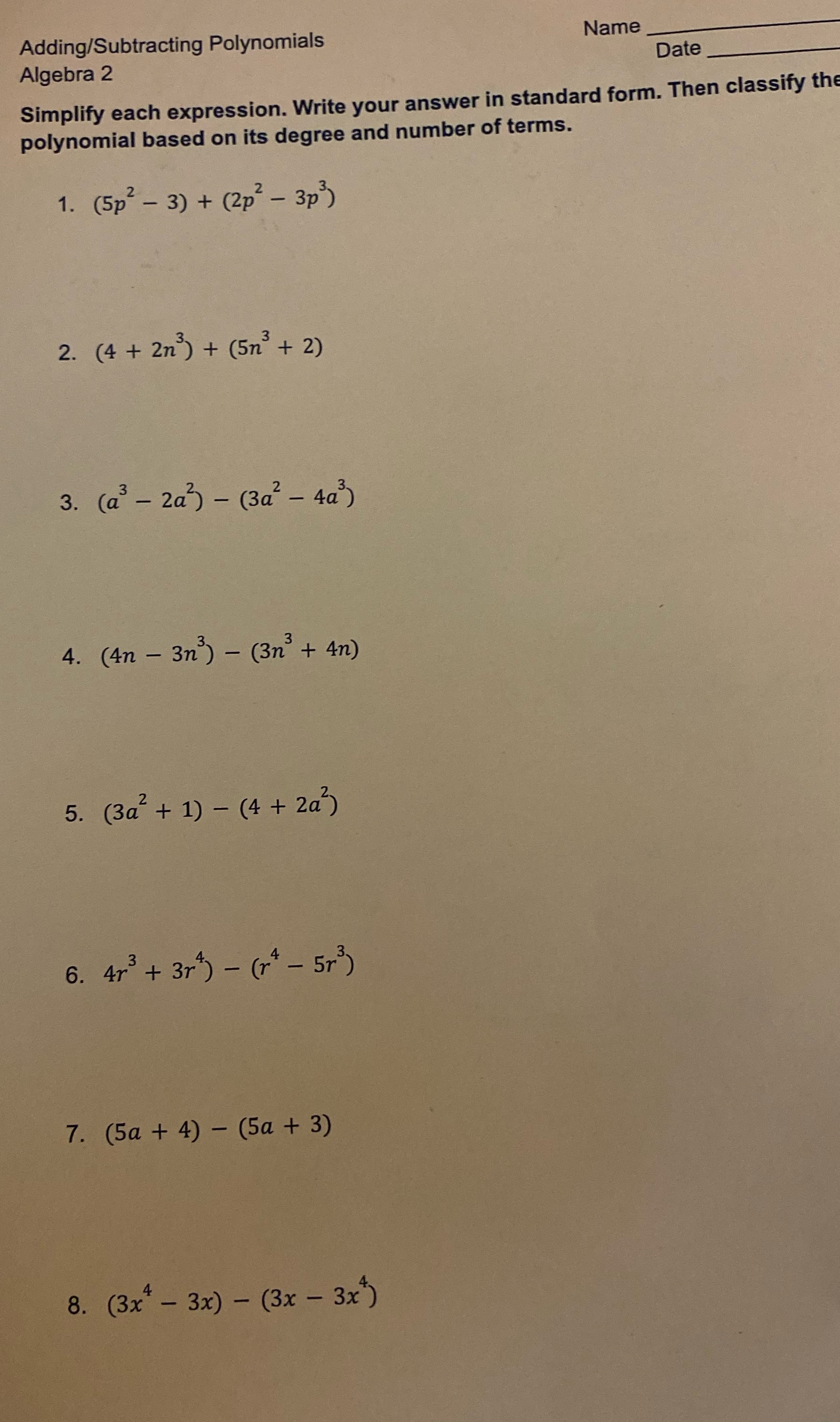 on paper Adding/Subtracting Polynomials Name