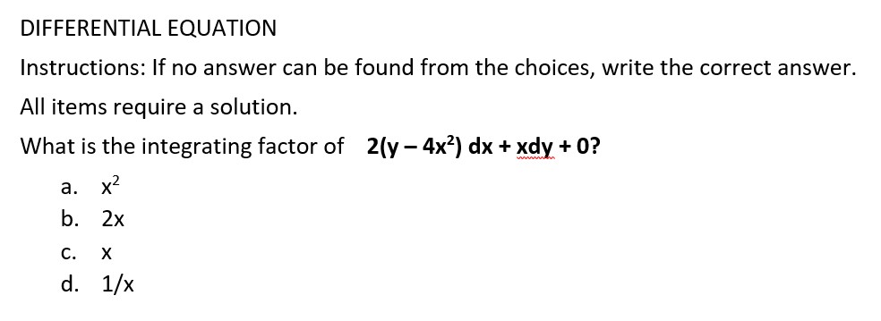 DIFFERENTIAL EQUATION Instructions: If no answer