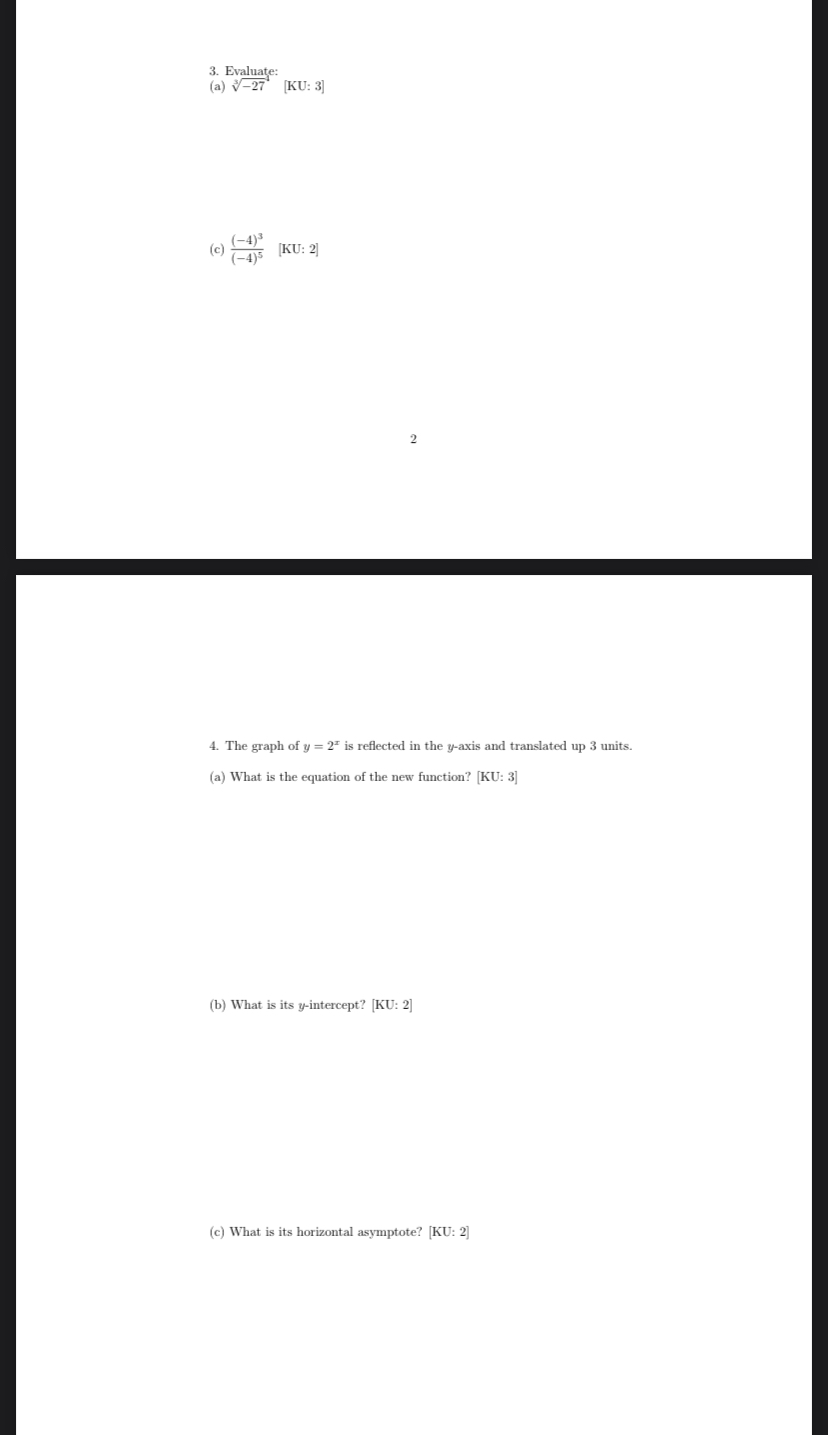3. Evaluate: (a) v-27' [KU: 3] (c) (-4) [KU: