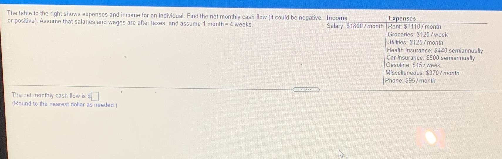 The table to the right shows expenses and income