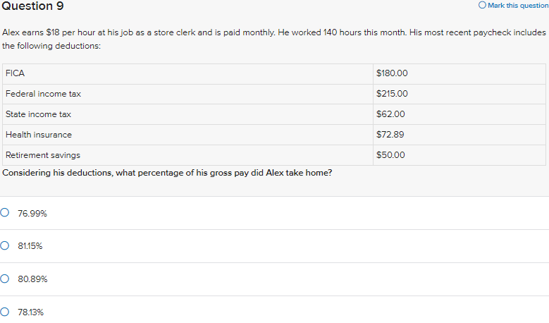 Question 9 O Mark this question Alex earns $18