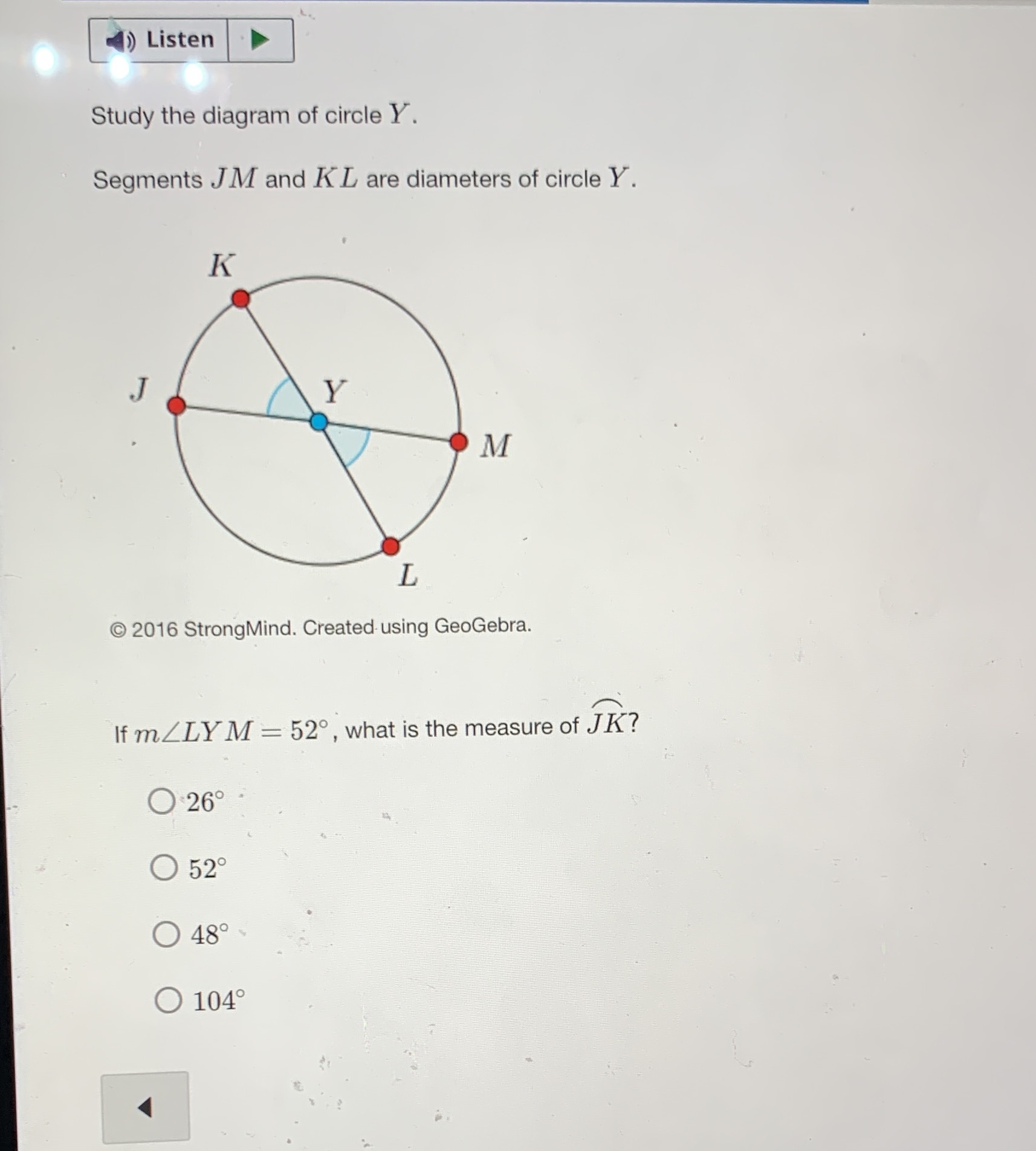 Listen Study the diagram of circle Y. Segments JM