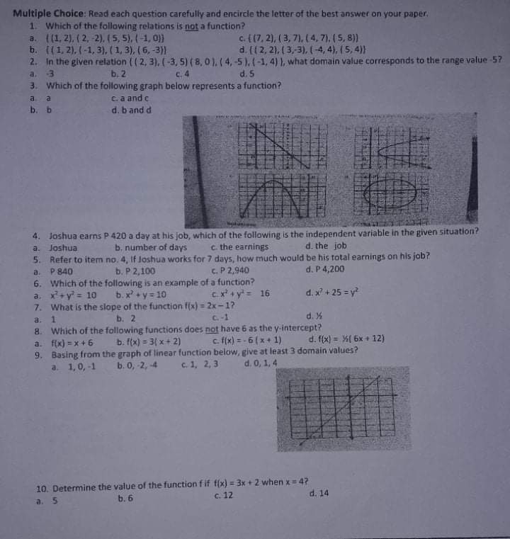 I. Multiple Choice: Read each question carefully