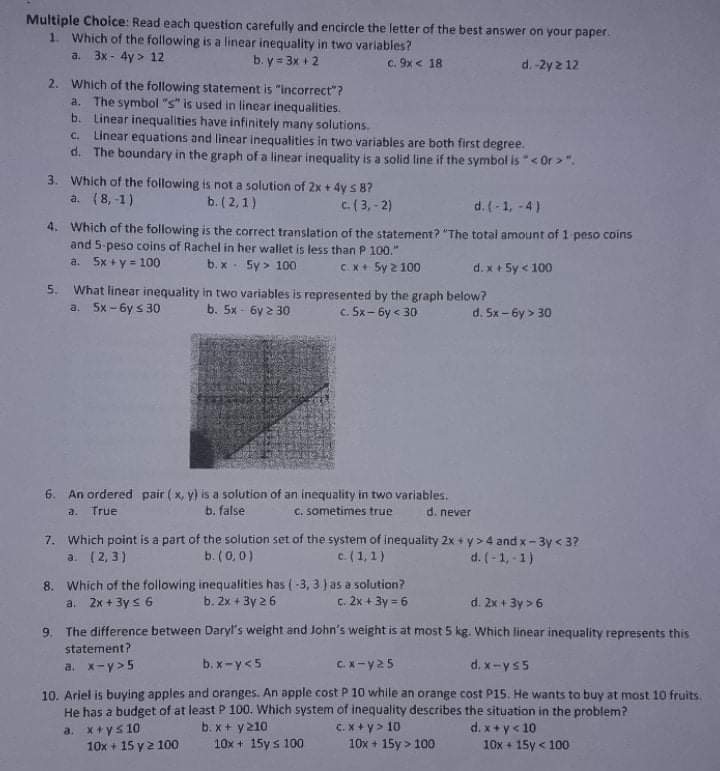 I. Multiple Choice: Read each question carefully