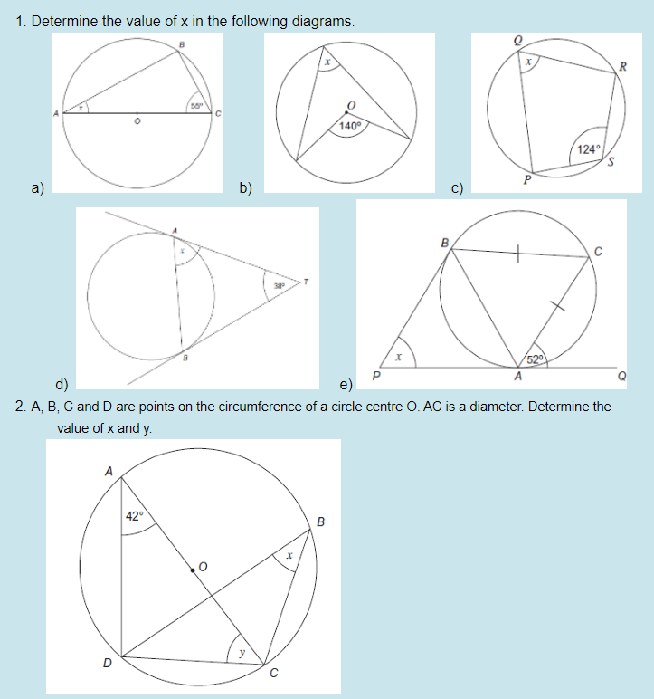1. Determine the value of x in the following