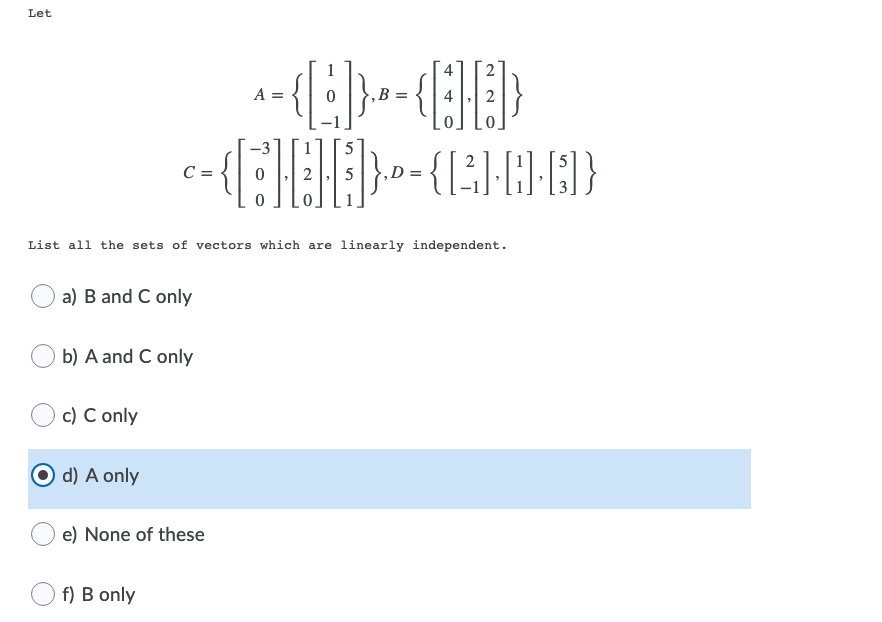 Let List all the sets of vectors which are