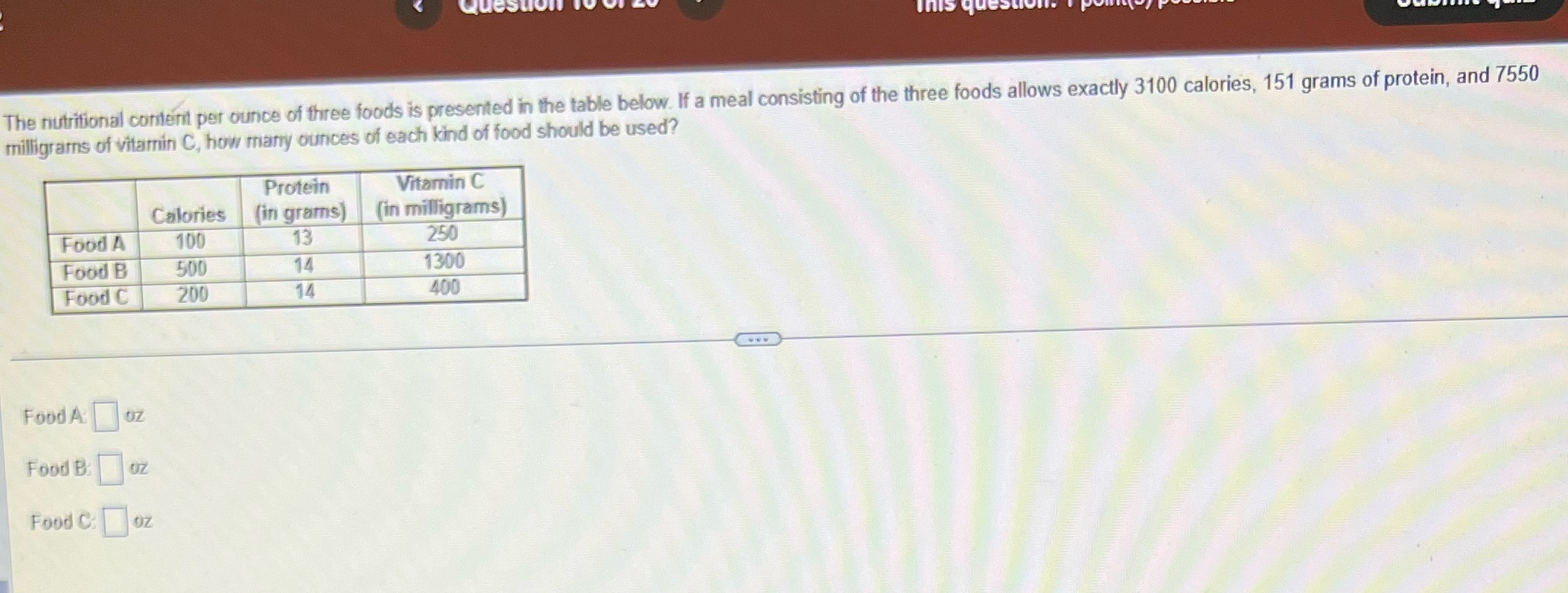 The nutritional content per ounce of three foods