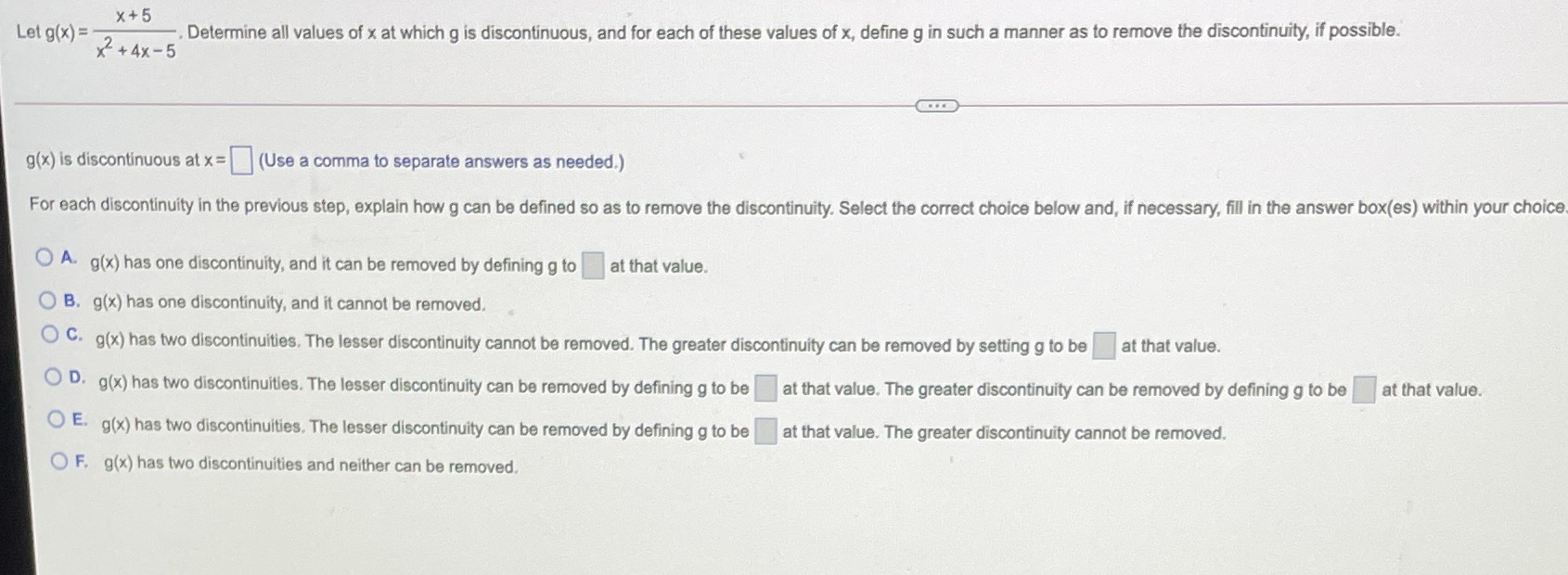 x + 5 Let g(x) = Determine all values of x at