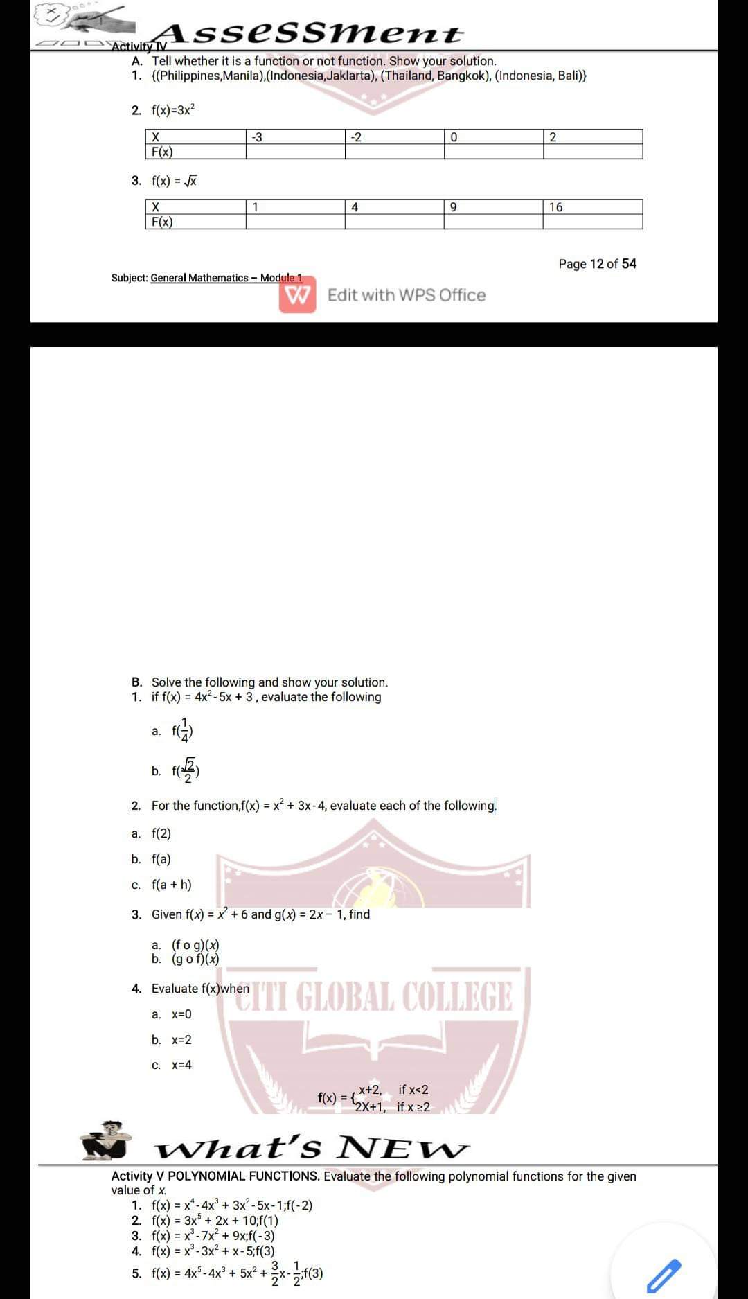 Activity II A. Complete the table of values for