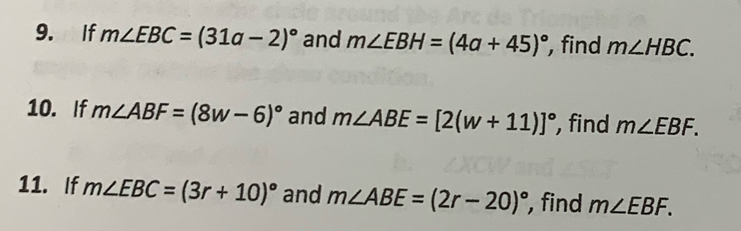 9. If mLEBC = (31a - 2) and mZEBH = (4a + 45),