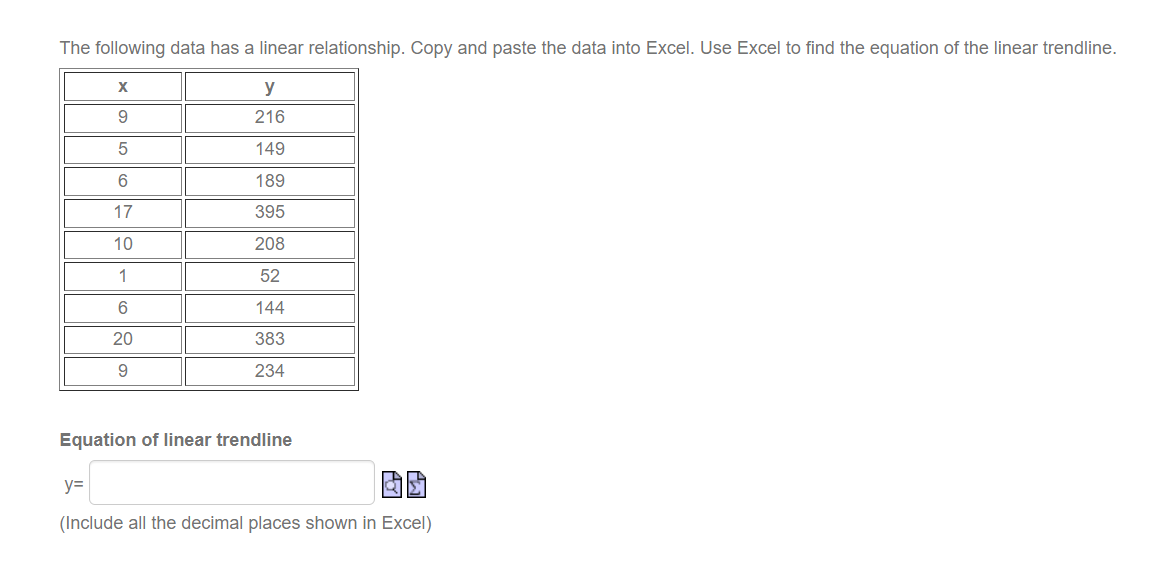The following data has a linear relationship.