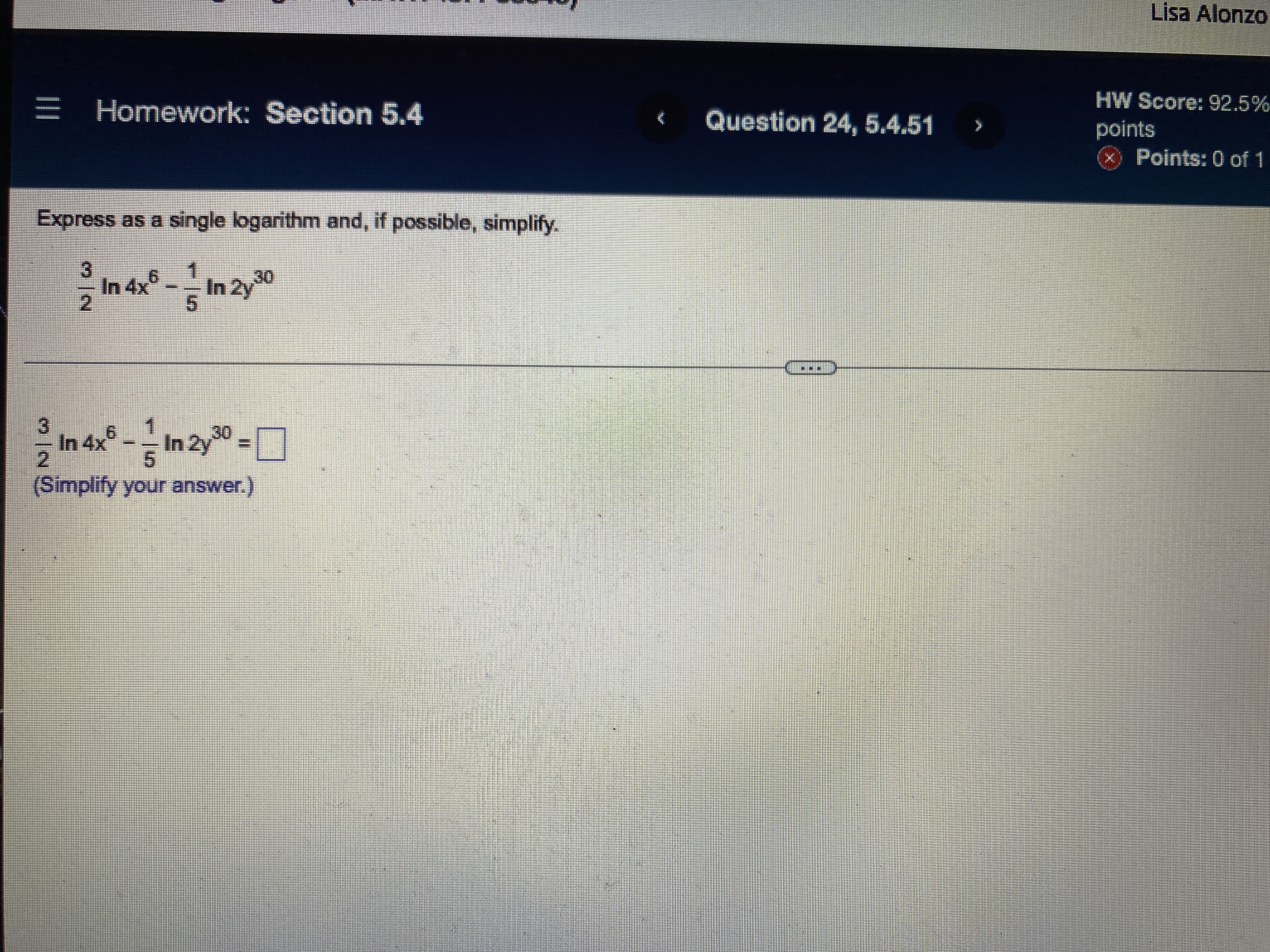 Lisa Alonzo HW Score: 92.5% Homework: Section 5.4