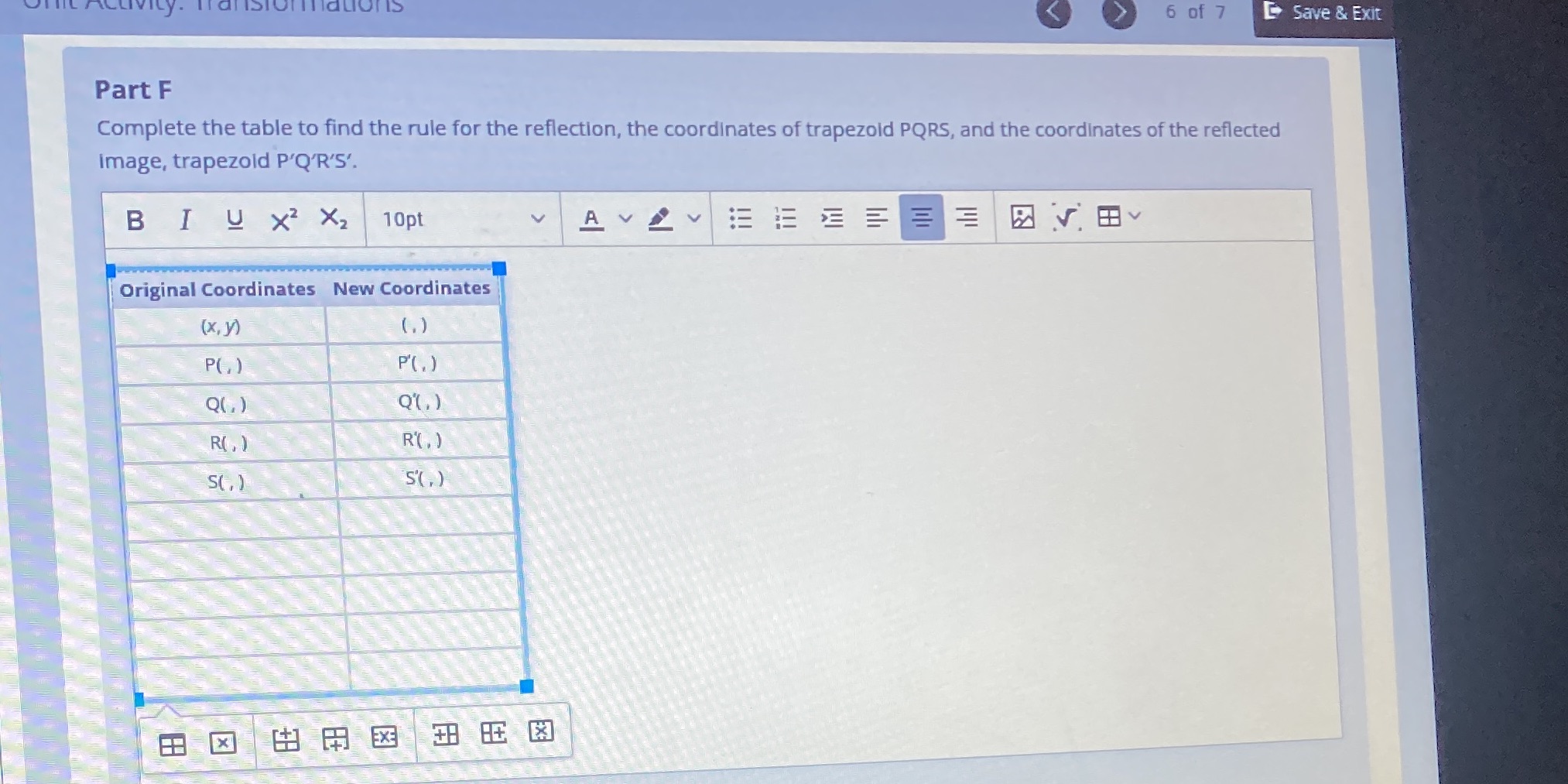 IS 6 of 7 Save & Exit Part F Complete the table