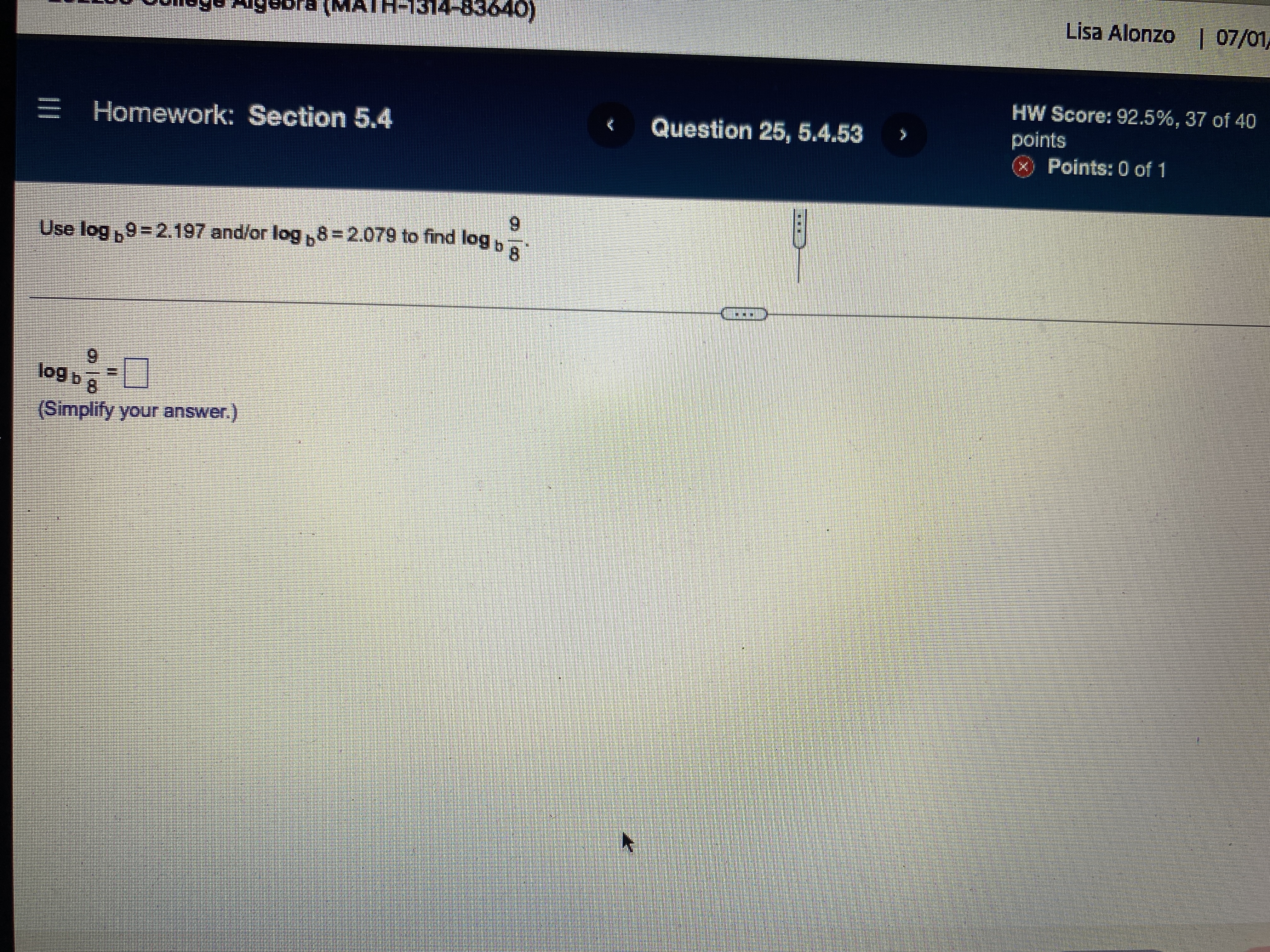 Lisa Alonzo HW Score: 92.5% Homework: Section 5.4