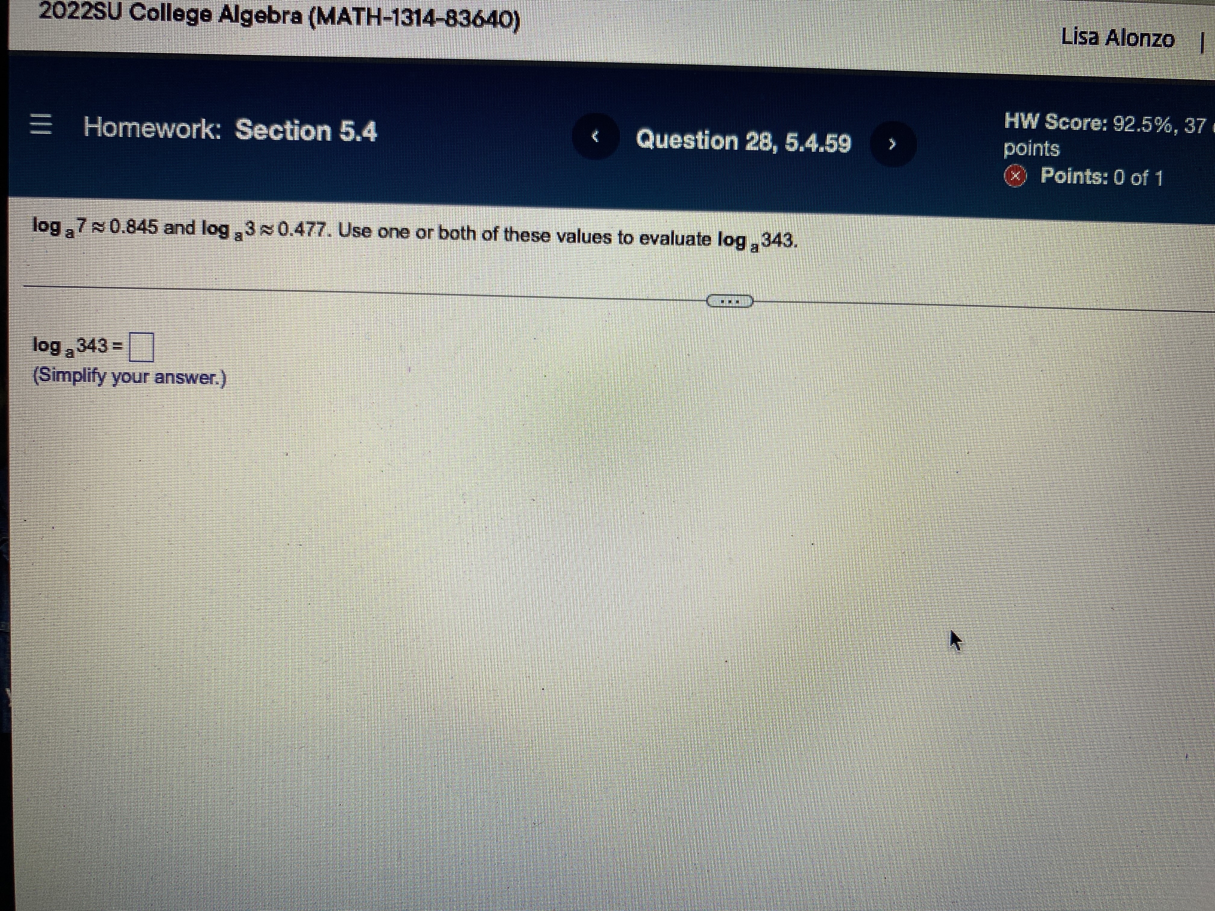 Lisa Alonzo HW Score: 92.5% Homework: Section 5.4