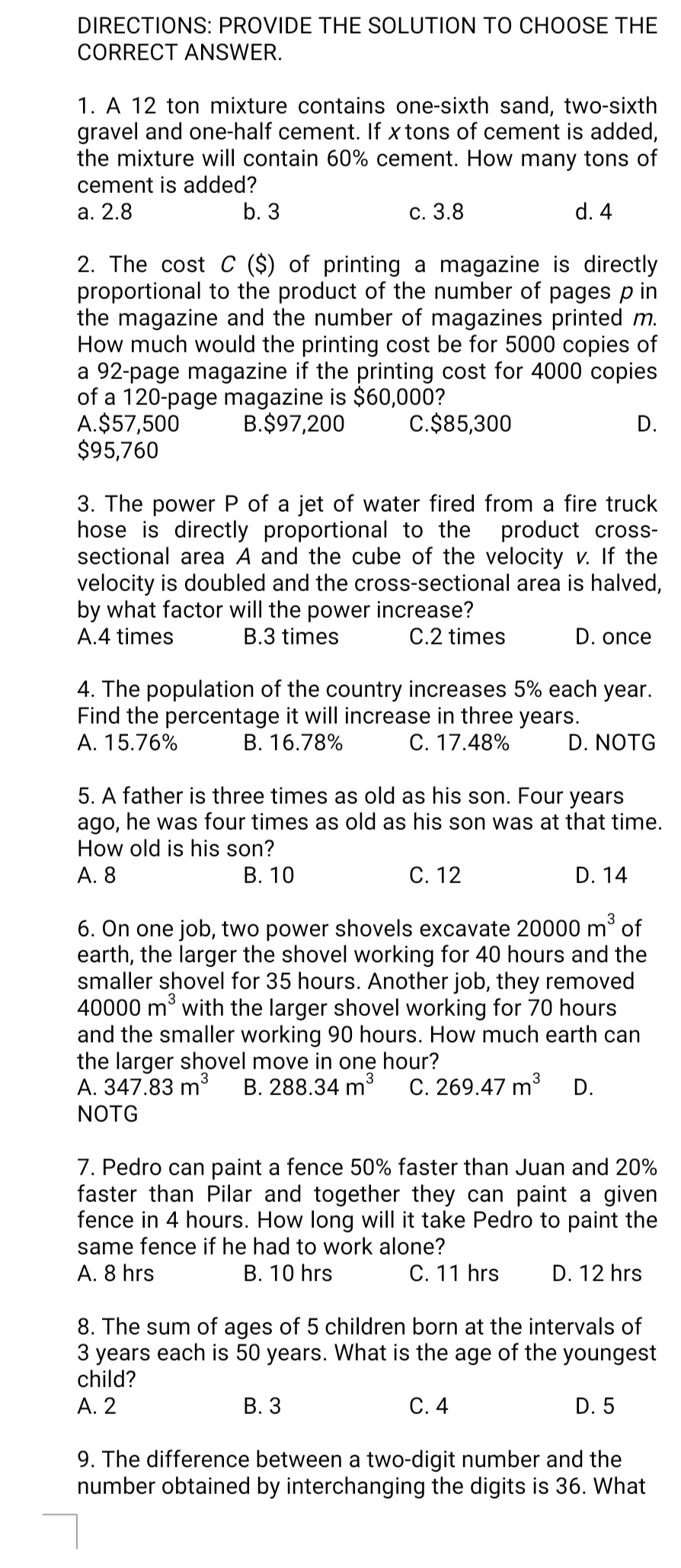 DIRECTIONS: PROVIDE THE SOLUTION TO CHOOSE THE