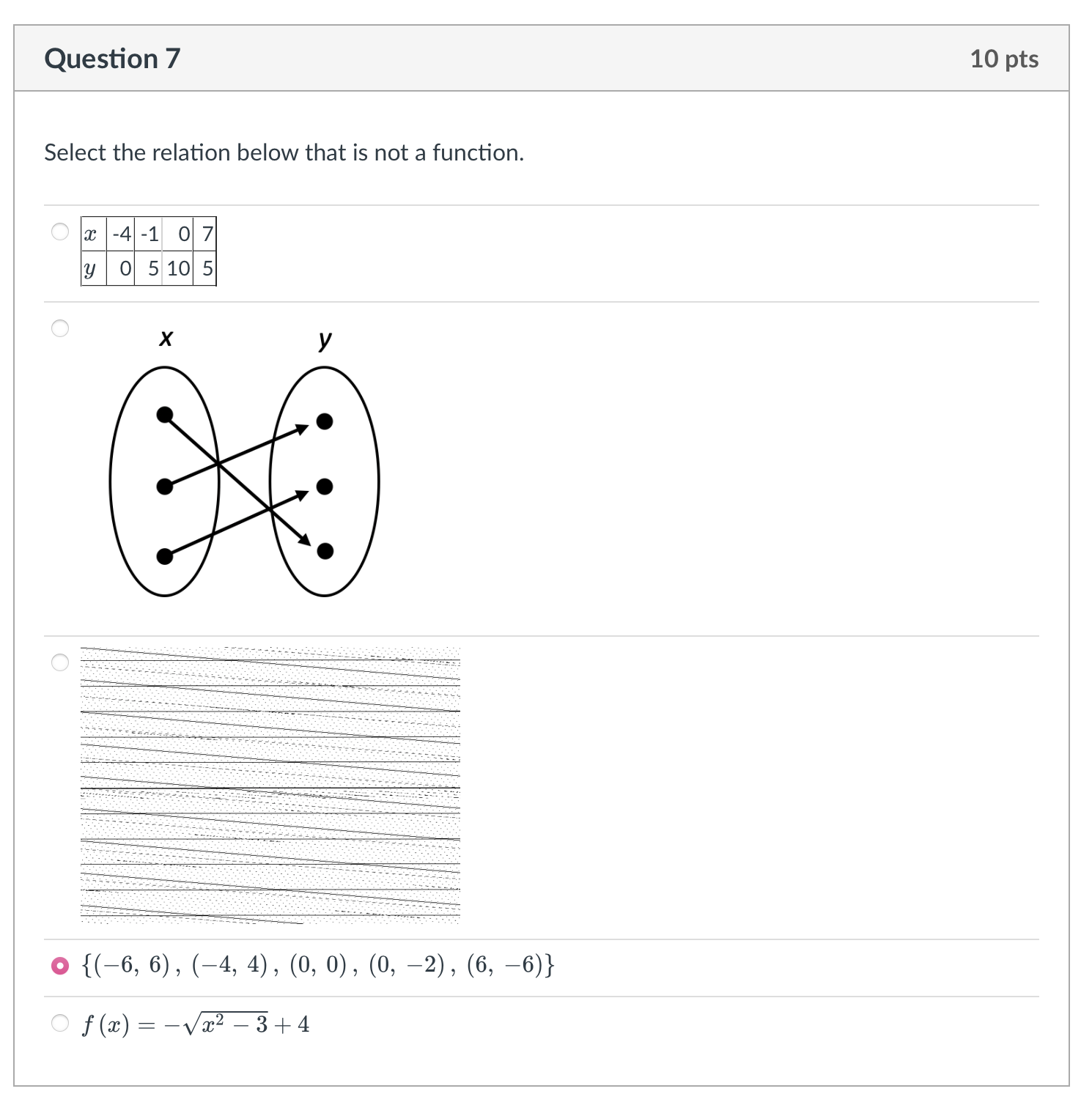 Question 7 10 pts Select the relation below that