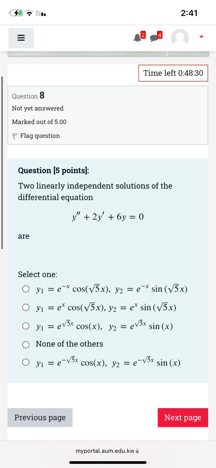 C43 3: its. 2141 Time left 0:48:30 Question 8 Not