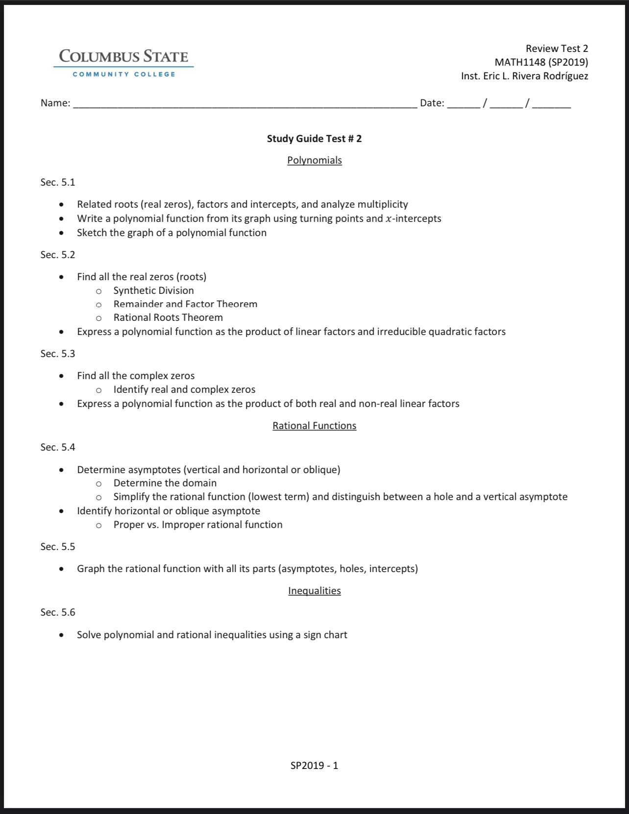 Review Test 2 COLUMBUS STATE MATH1143 (SP2019)
