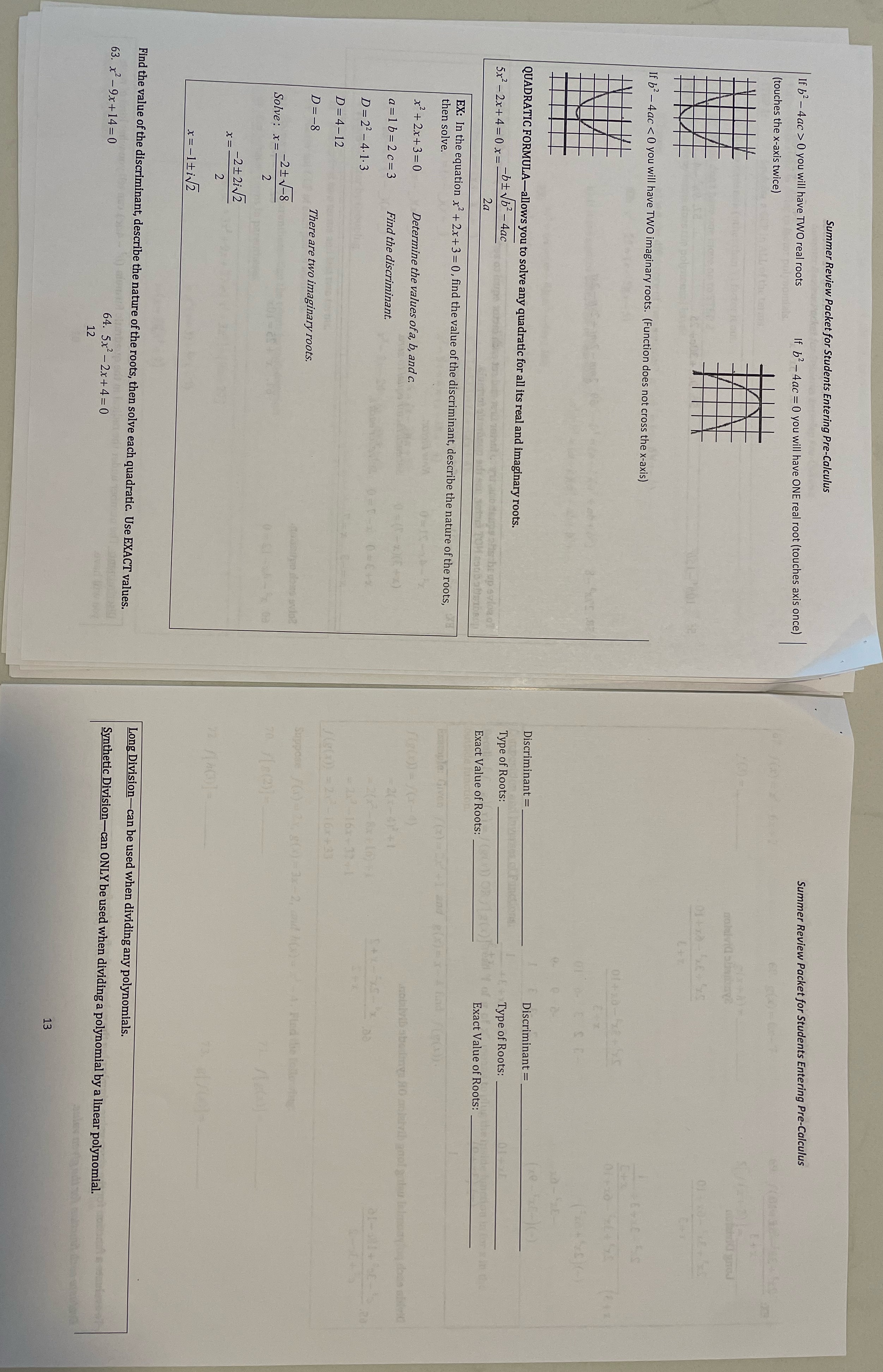 Summer Review Packet for Students Entering