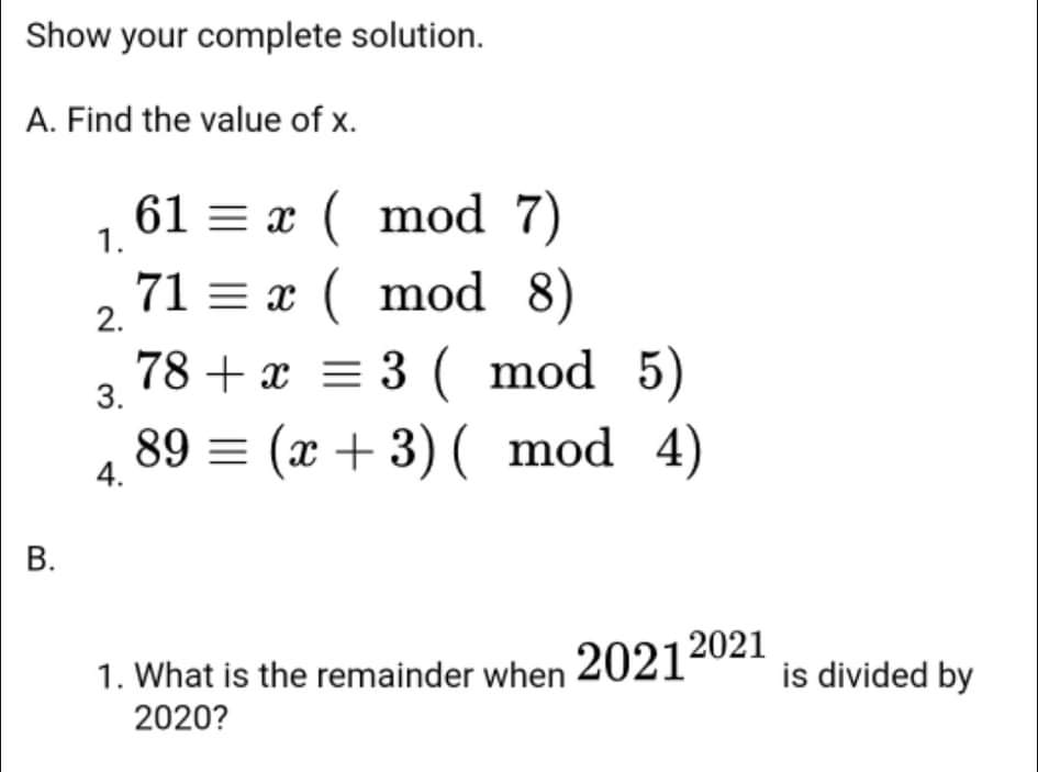 Show your complete solution. A. Find the value of