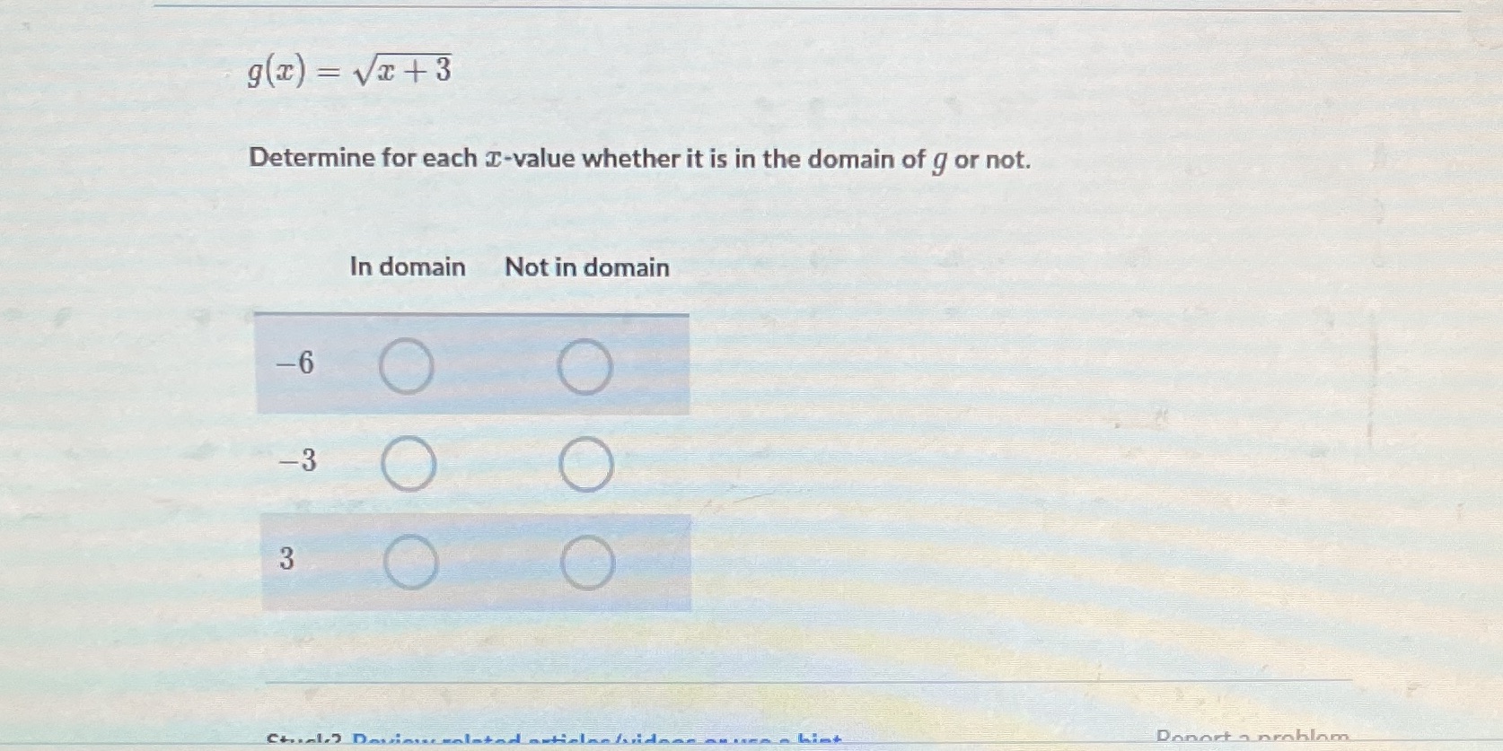 g(x) = Vx + 3 Determine for each T-value whether