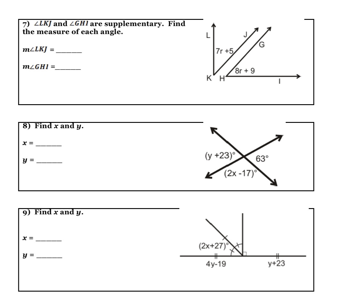 7) LLKJ and 4GHI are supplementary. Find the