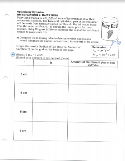 Optimizing Cylinders INVESTIGATION 2: DAIRY KING