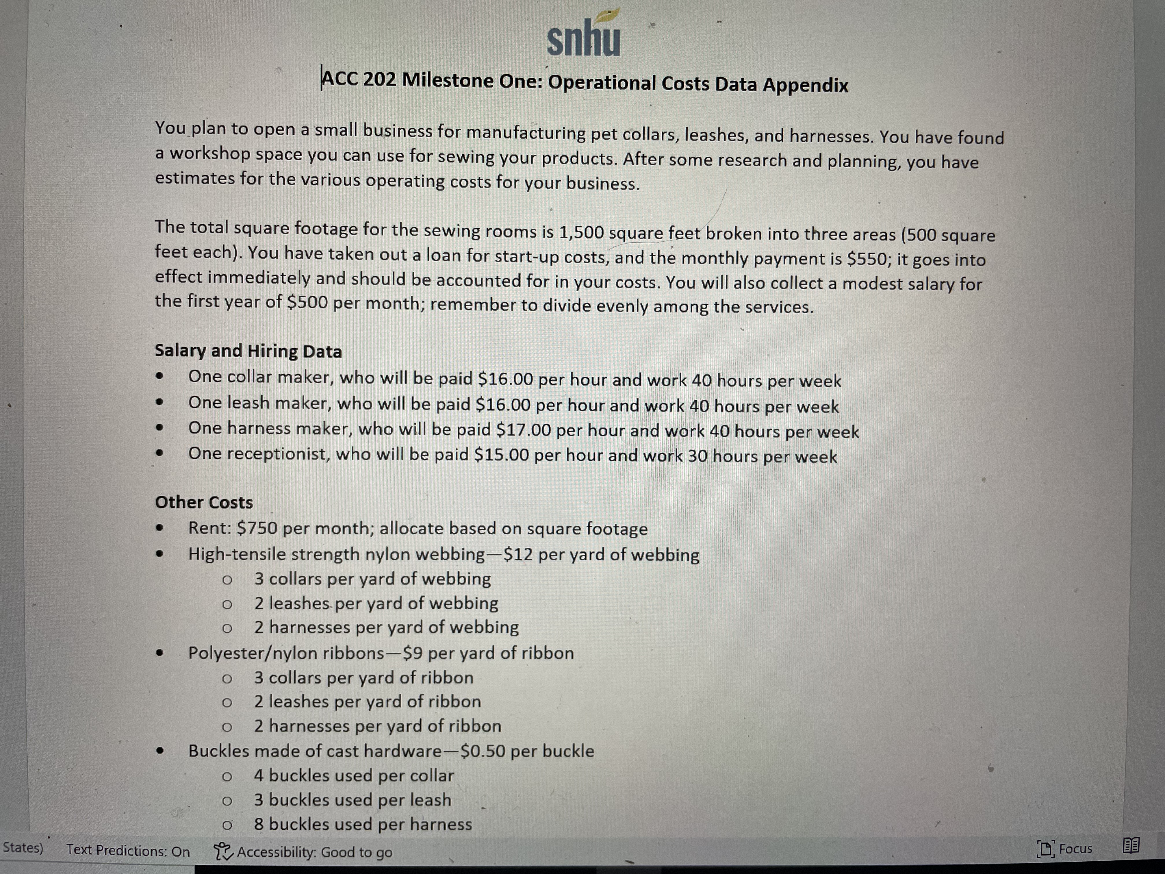 snhu ACC 202 Milestone One: Operational Costs