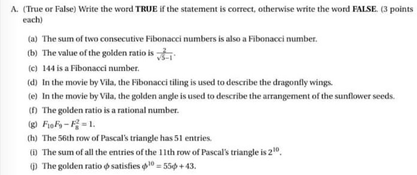 MATH True or False A. (True or False) Write the