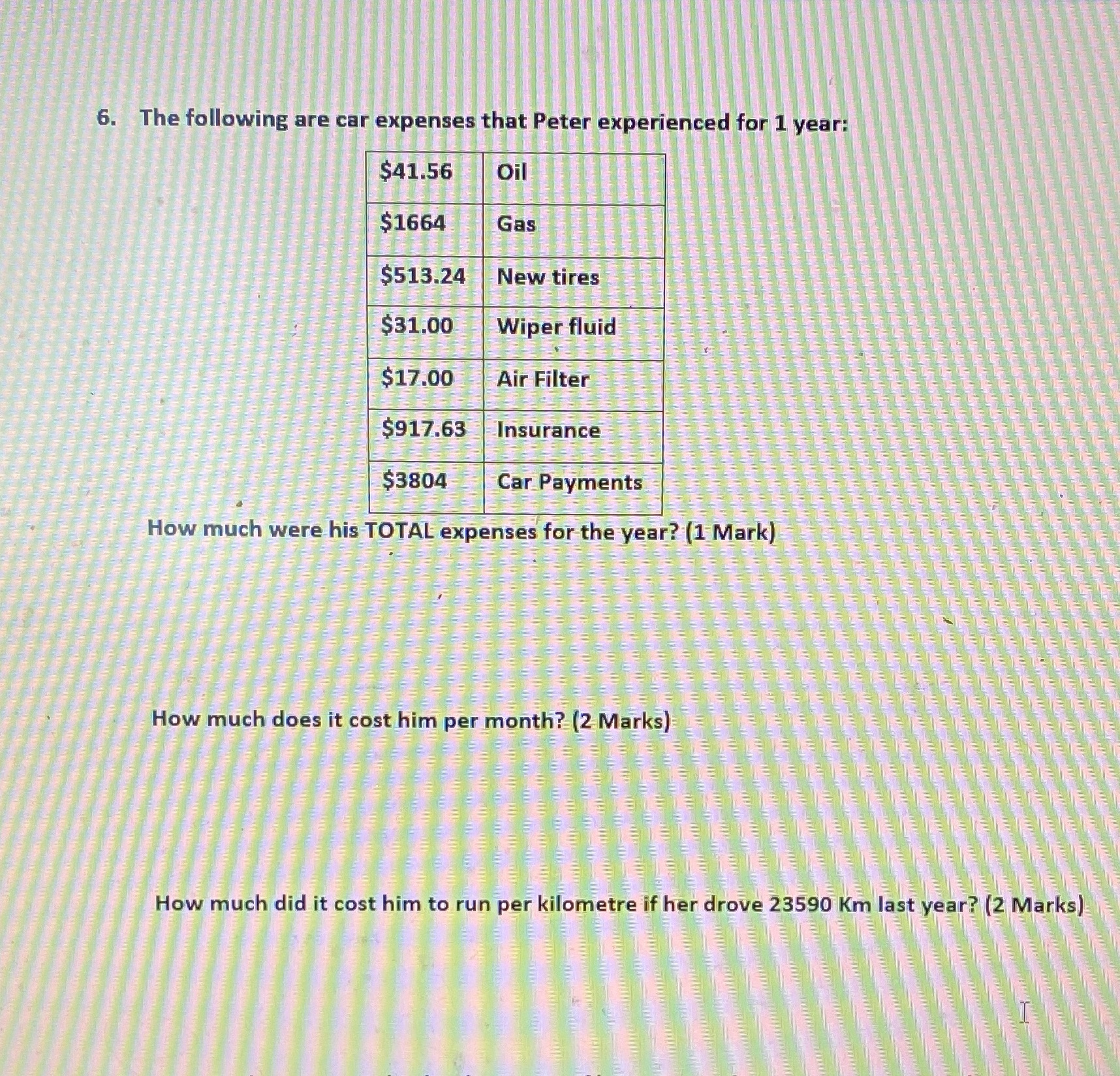 6. The following are car expenses that Peter