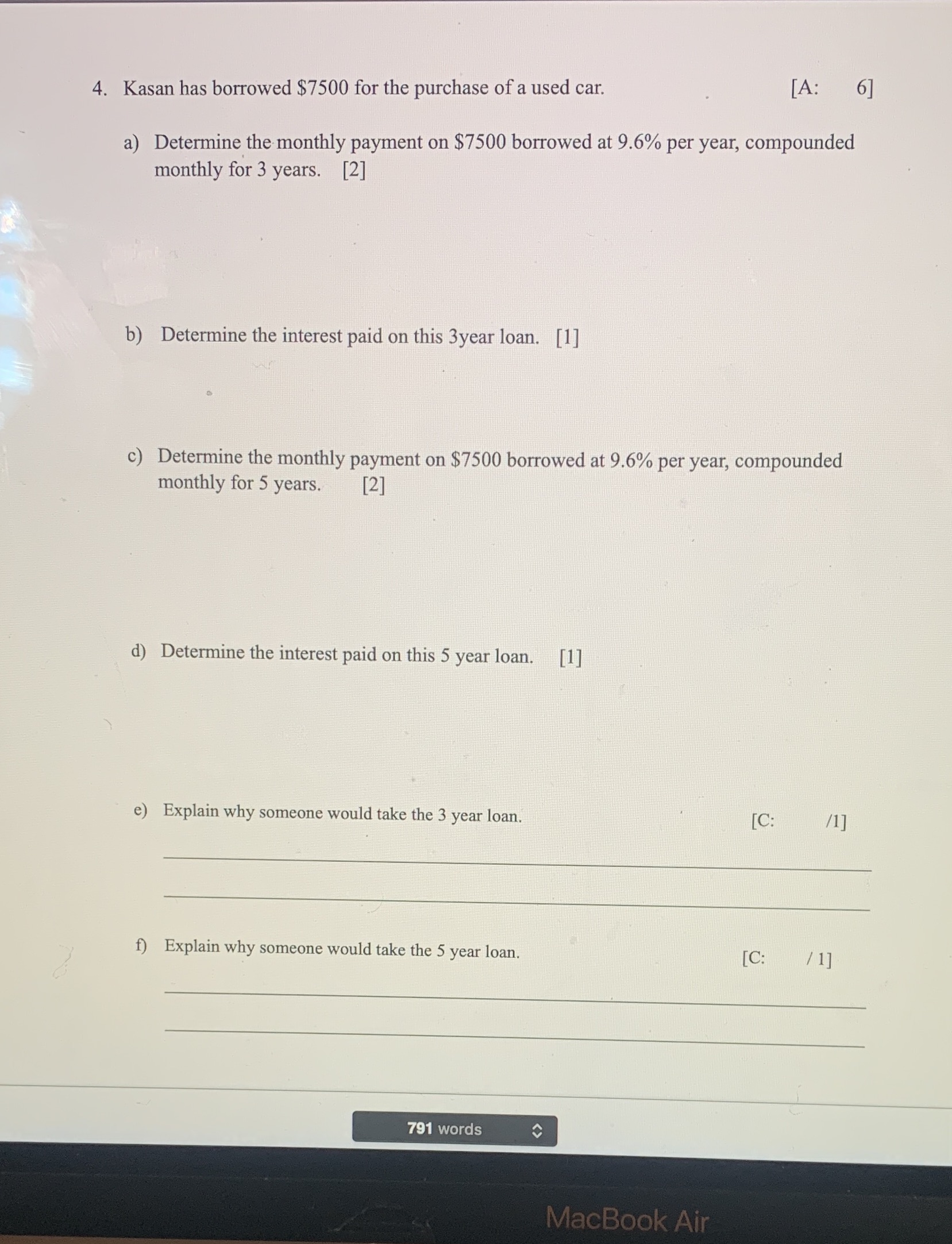 4. Kasan has borrowed $7500 for the purchase of a