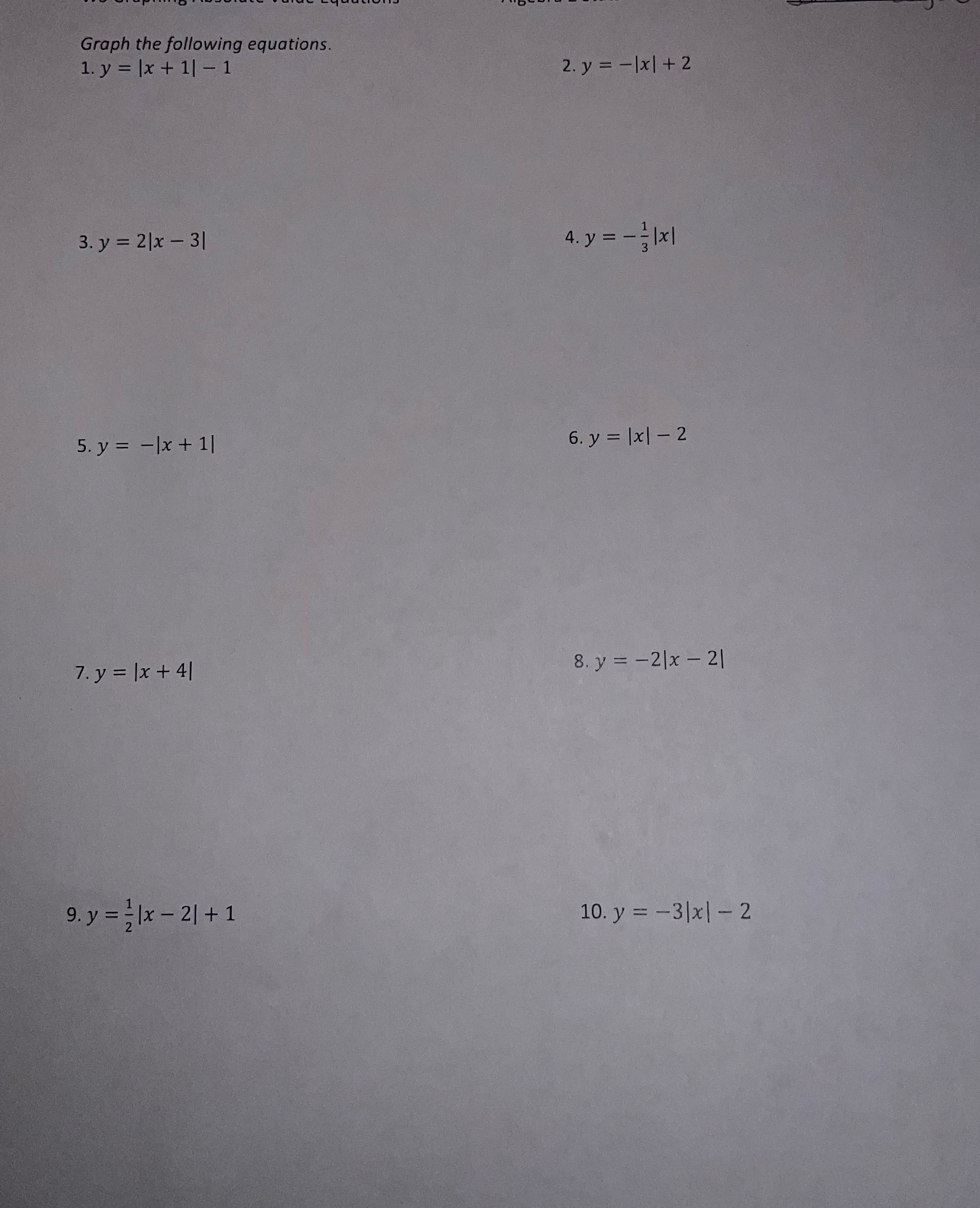 Graph the following equations. 1. y = |x +1/ -1