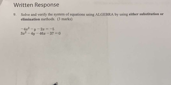 Written Response 9. Solve and verify the system