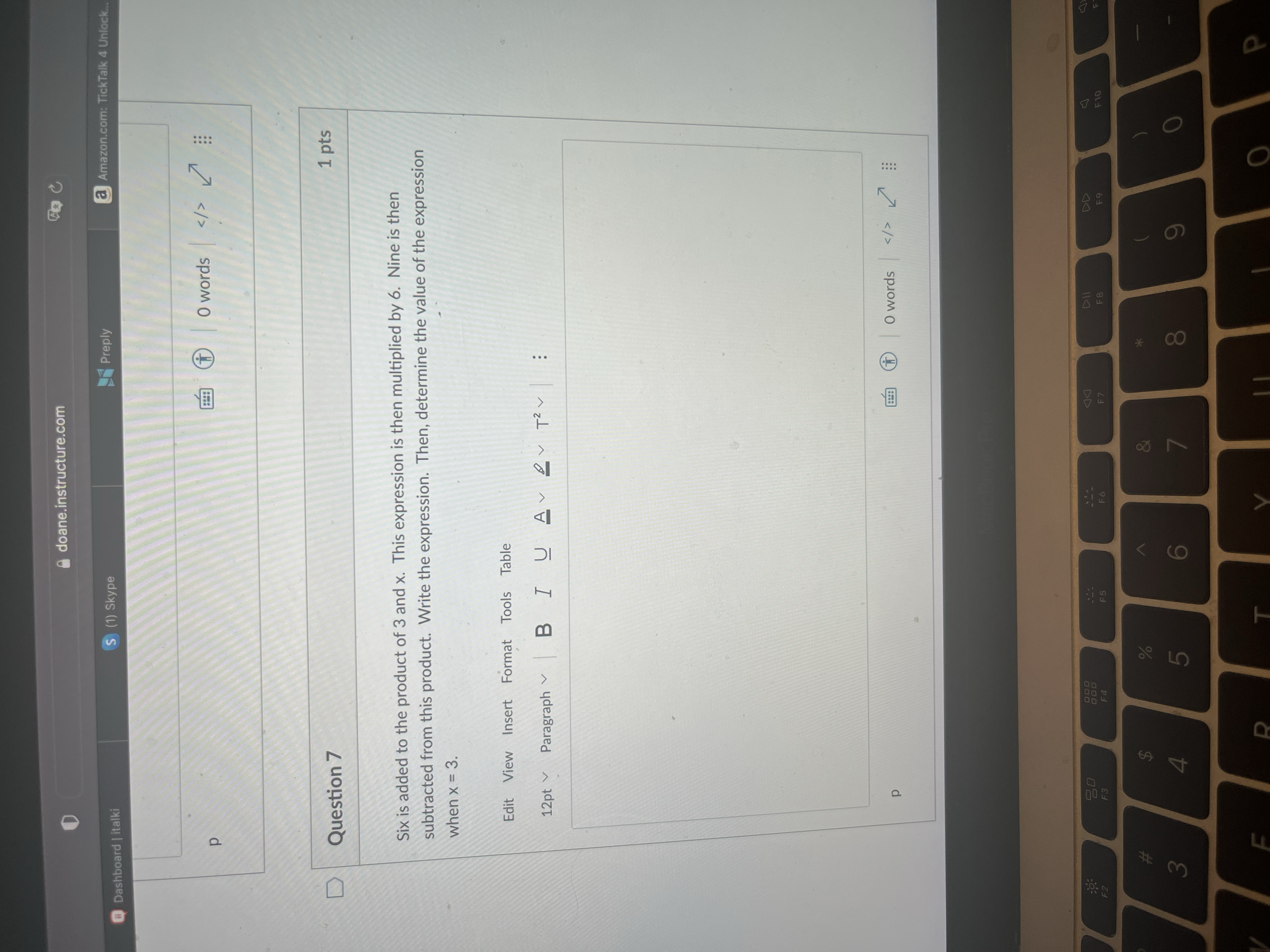 Six is added to the product of 3 and x. This