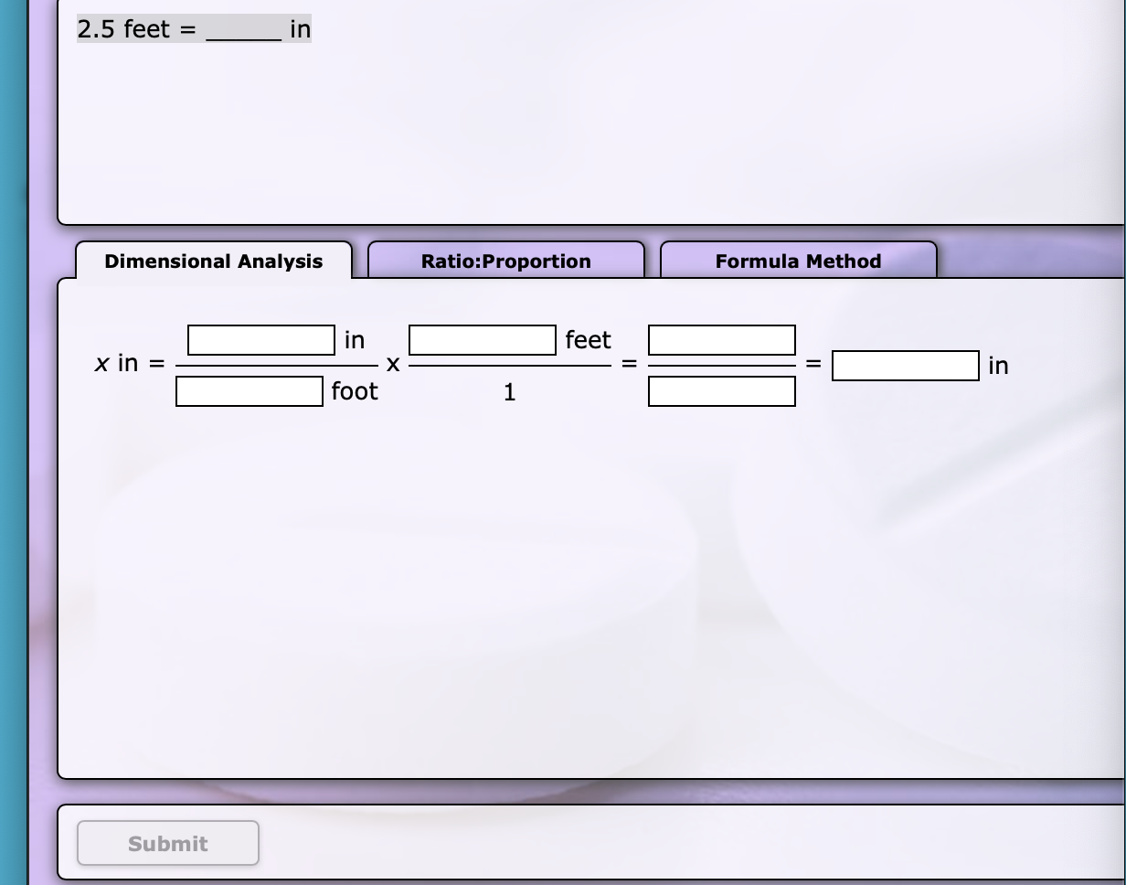 2.5 feet = _____ in please use dimensional