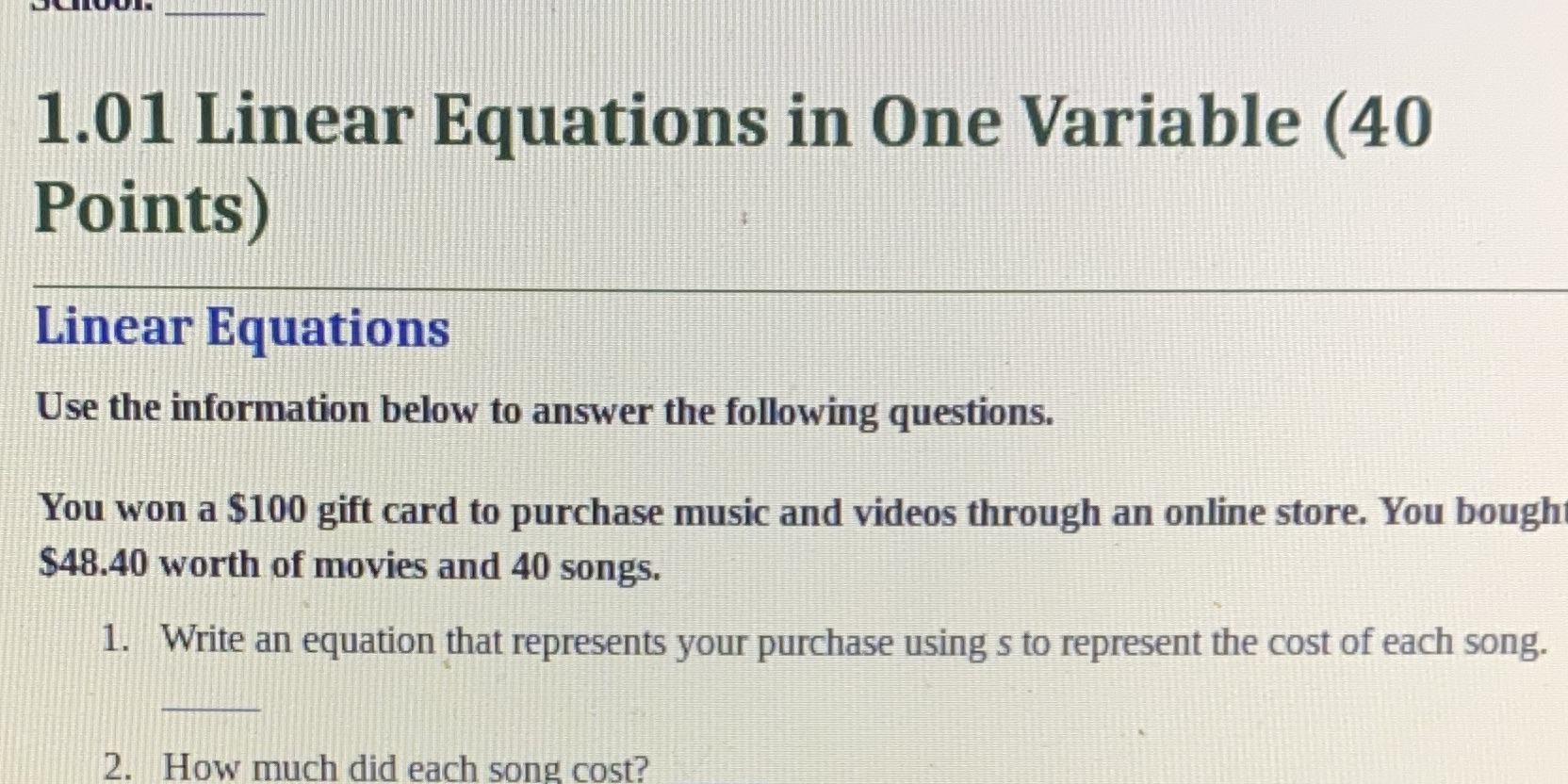 1.01 Linear Equations in One Variable (40 Points