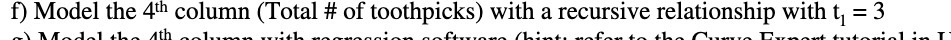 f) Model the 4th column (Total # of toothpicks)