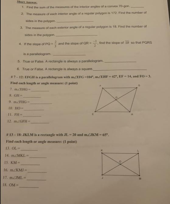 Short Answer. 1. Find the sum of the measures of