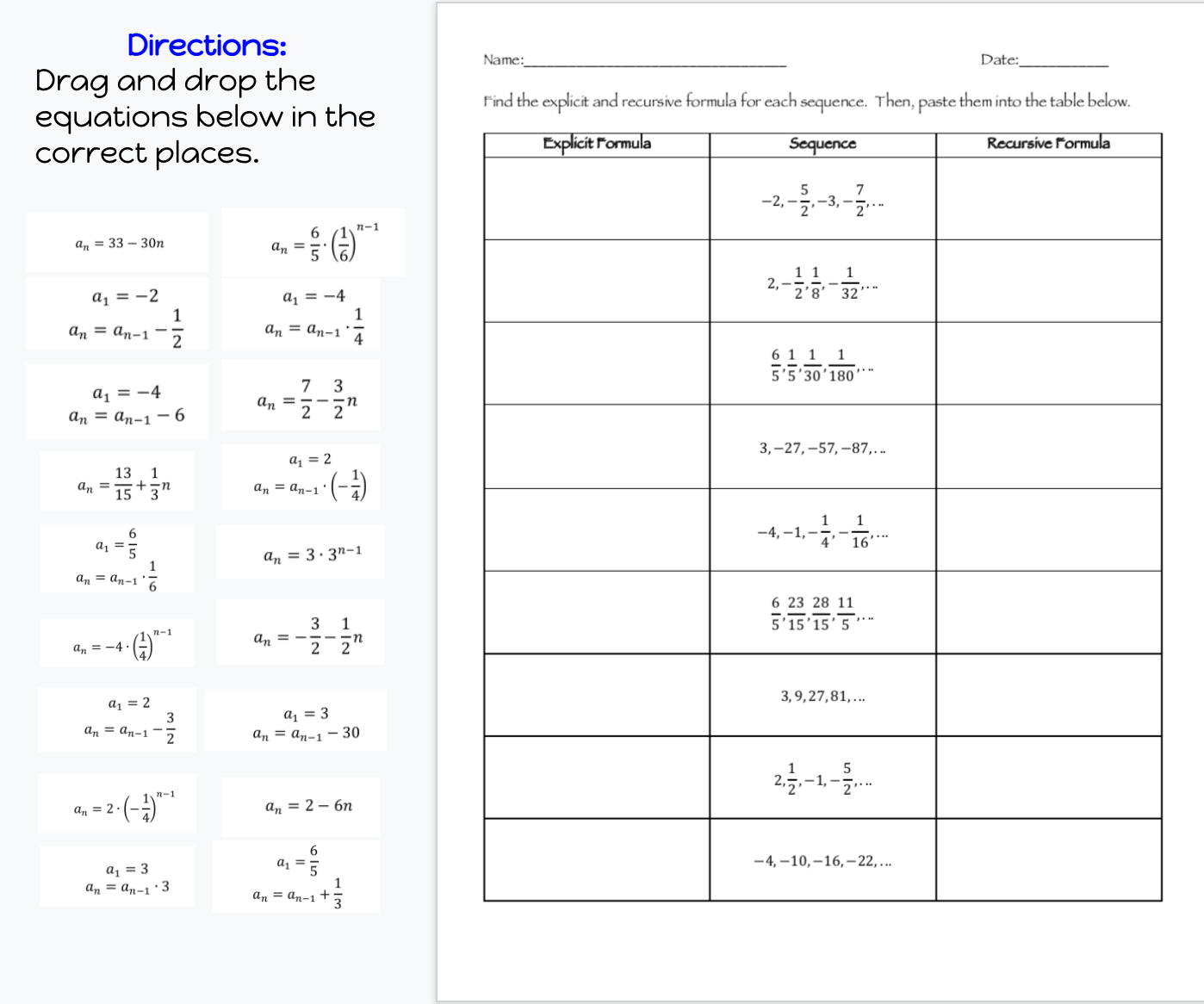 Directions: Drag anal drop the equations below in