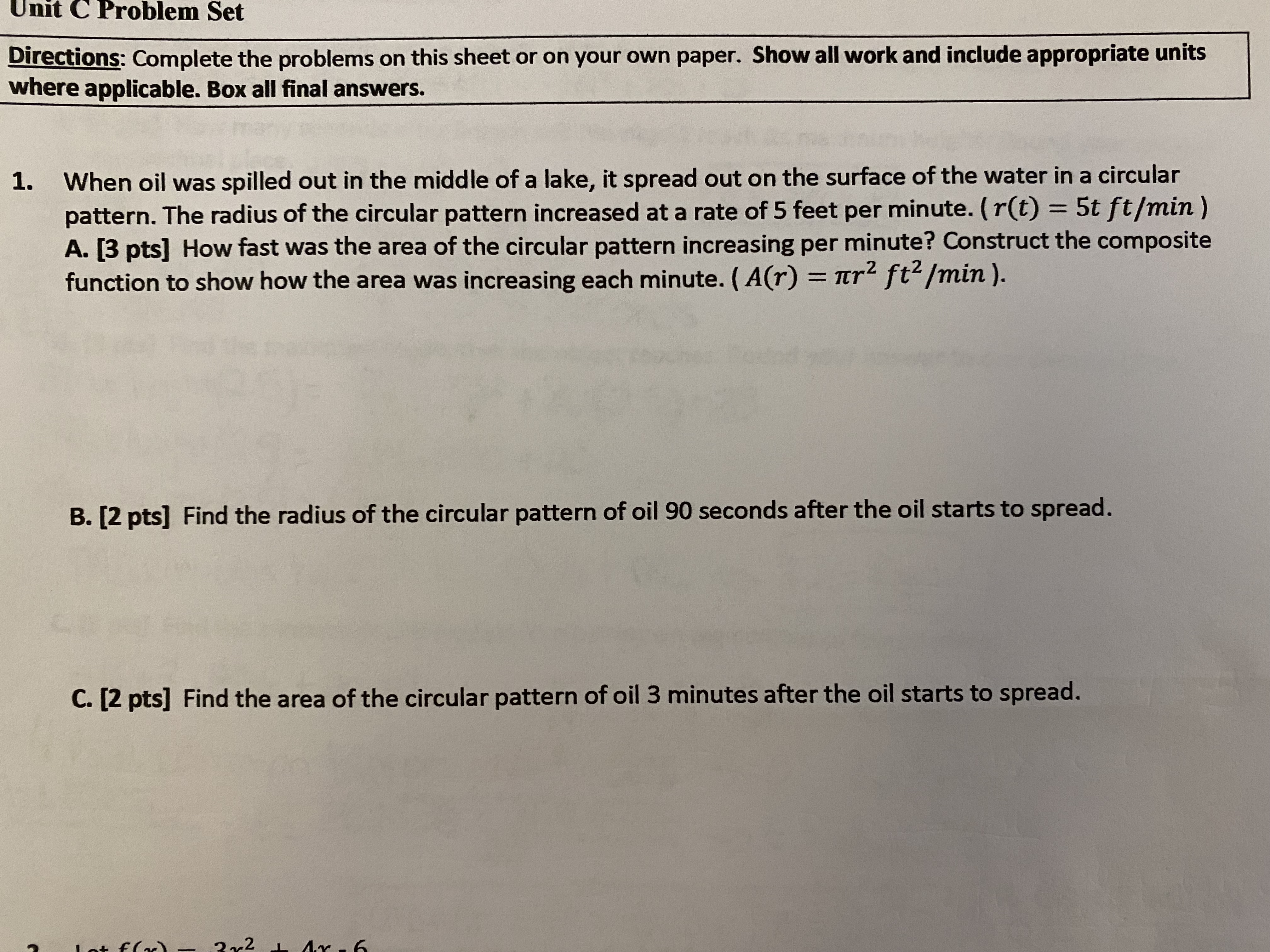 Unit C Problem Set Directions: Complete the