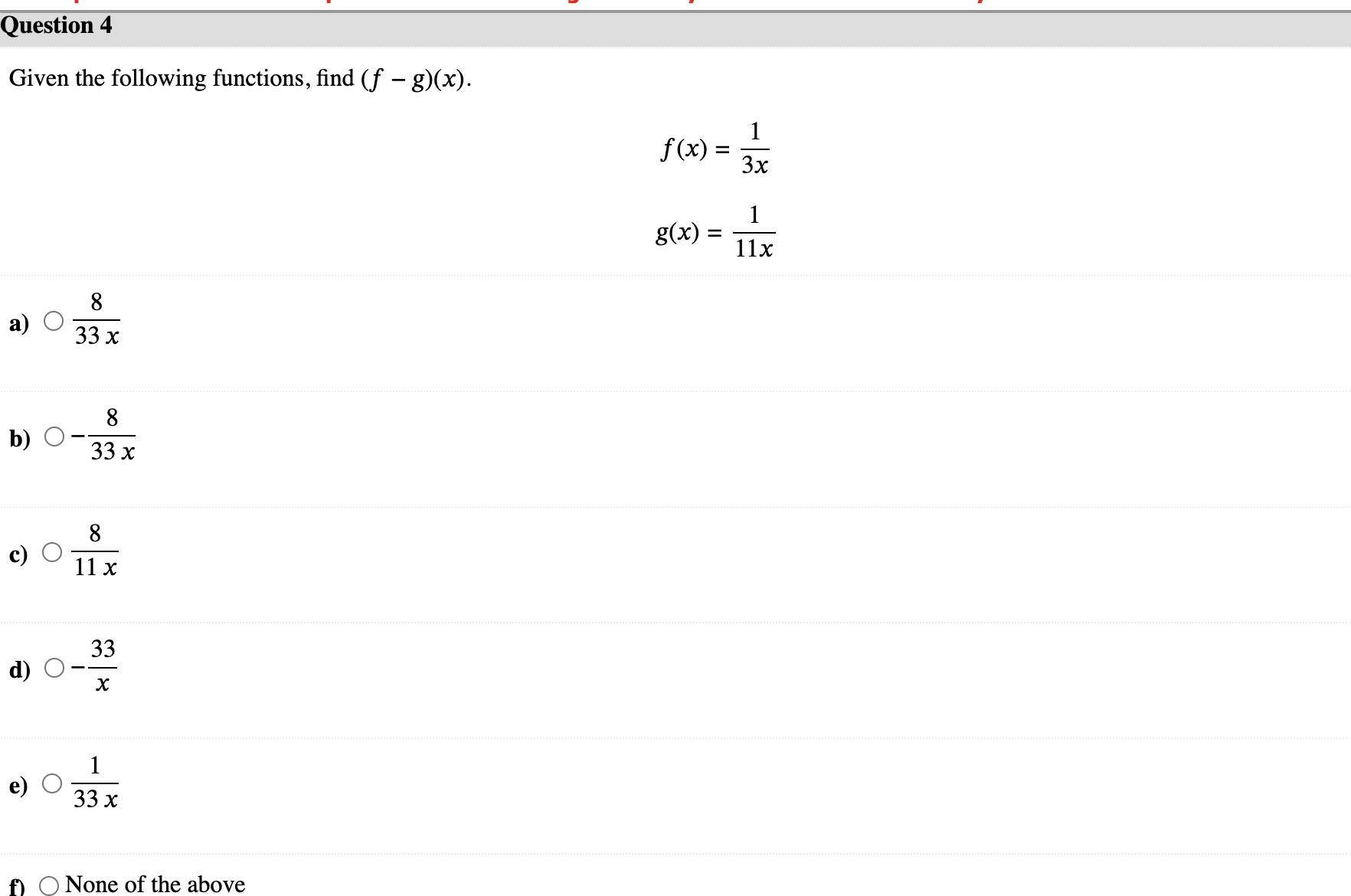 Given f (x) = 3x+5 g ( x) = x +4x Find (f - g)