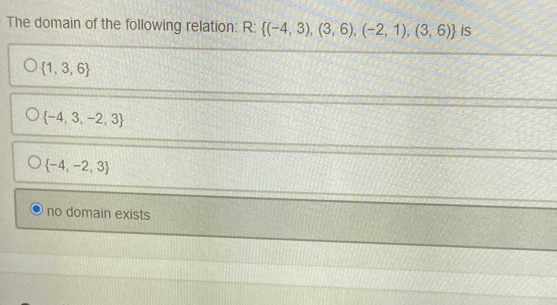 The domain of the following relation: R: {(-4,
