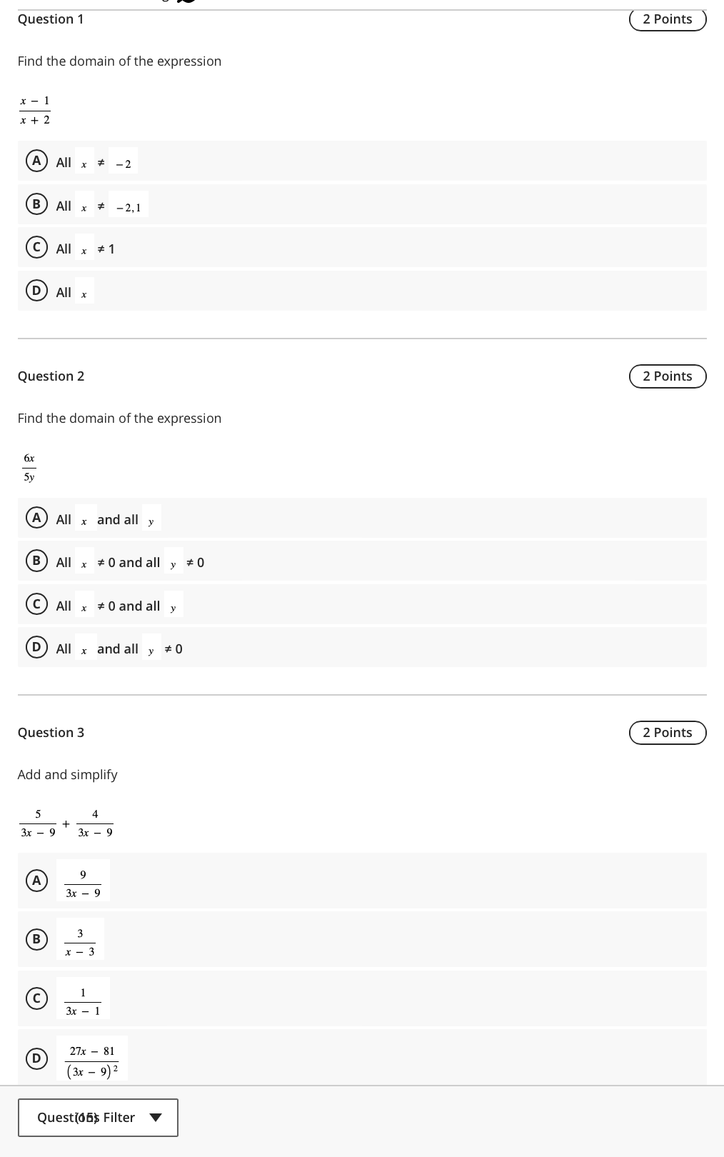Question 1 2 Points Find the domain of the